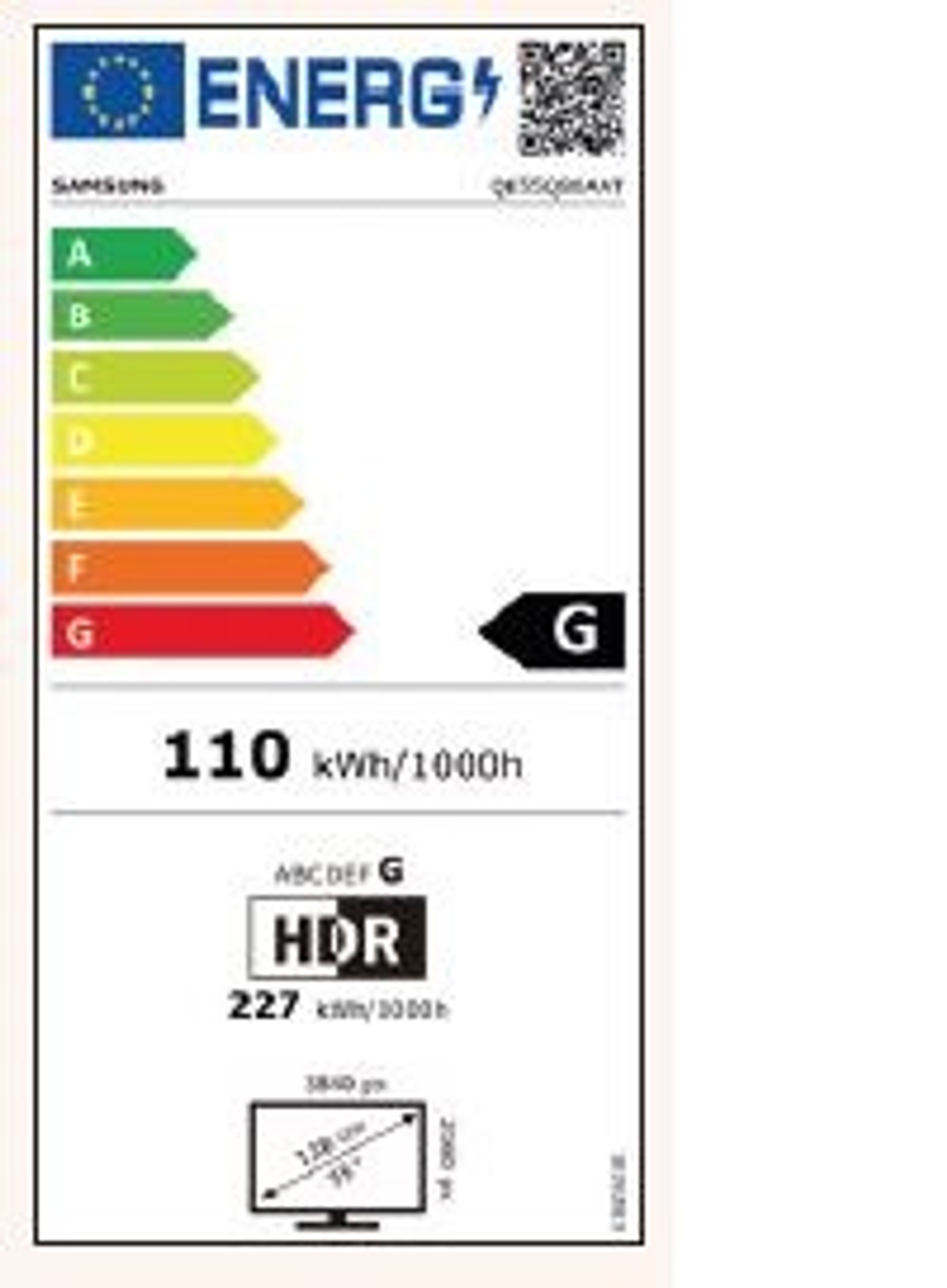 Etykieta energetyczna dla telewizora Samsung, pokazująca klasę efektywności energetycznej G.