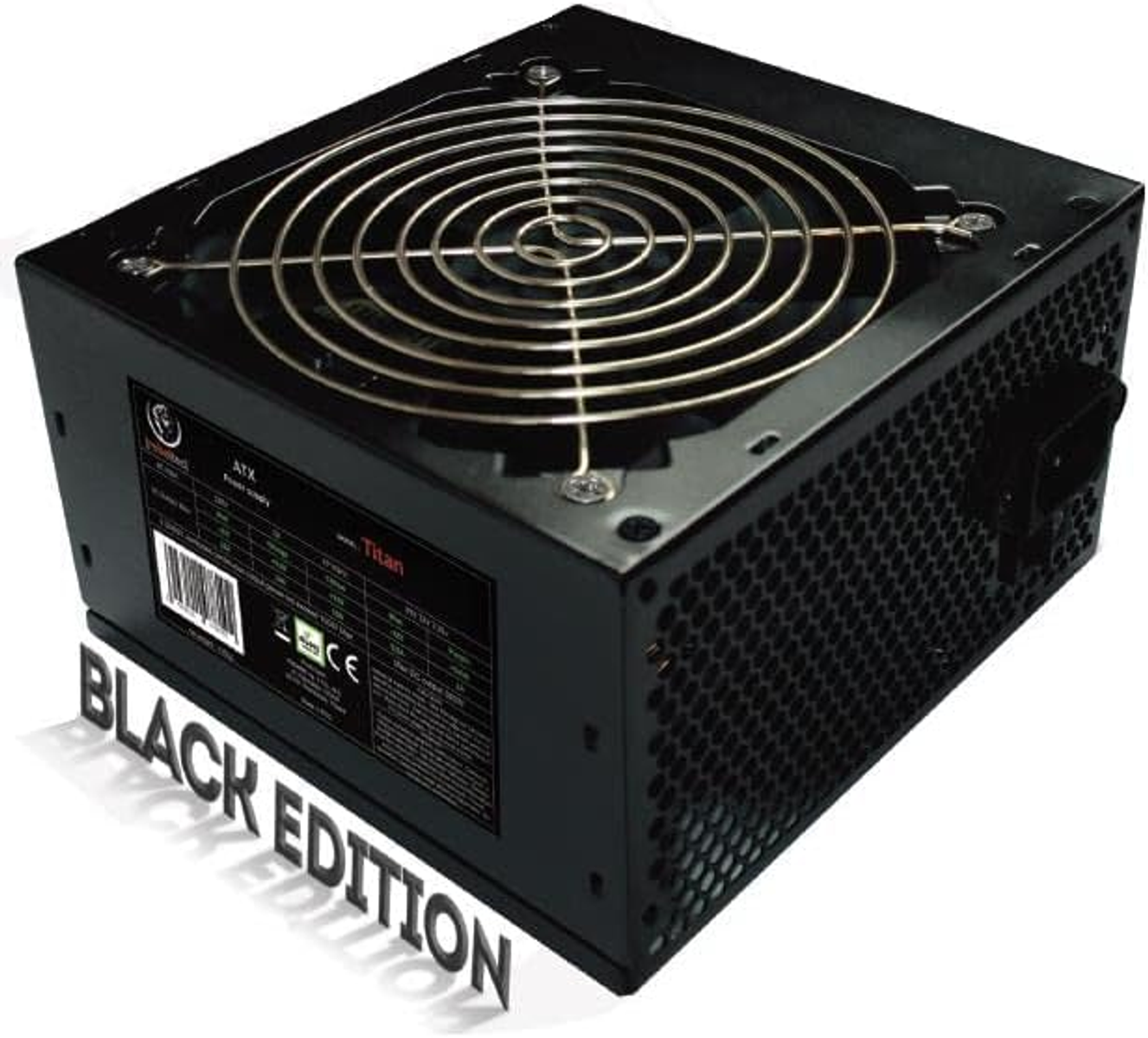 Alimentatore nero con ventola e testo: Black Edition.
