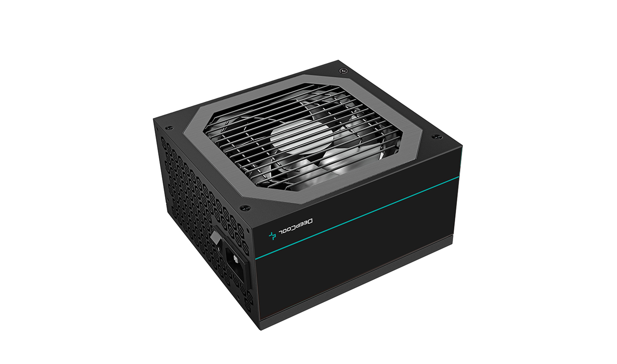 Zwarte voedingseenheid met een ventilator en DEEPCOOL-logo. Hij heeft een metalen mesh-ontwerp.