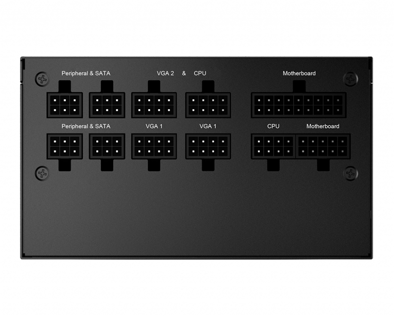 Schwarzes PC-Netzteil mit beschrifteten Anschlüssen, einschließlich SATA und CPU, auf weißem Hintergrund.