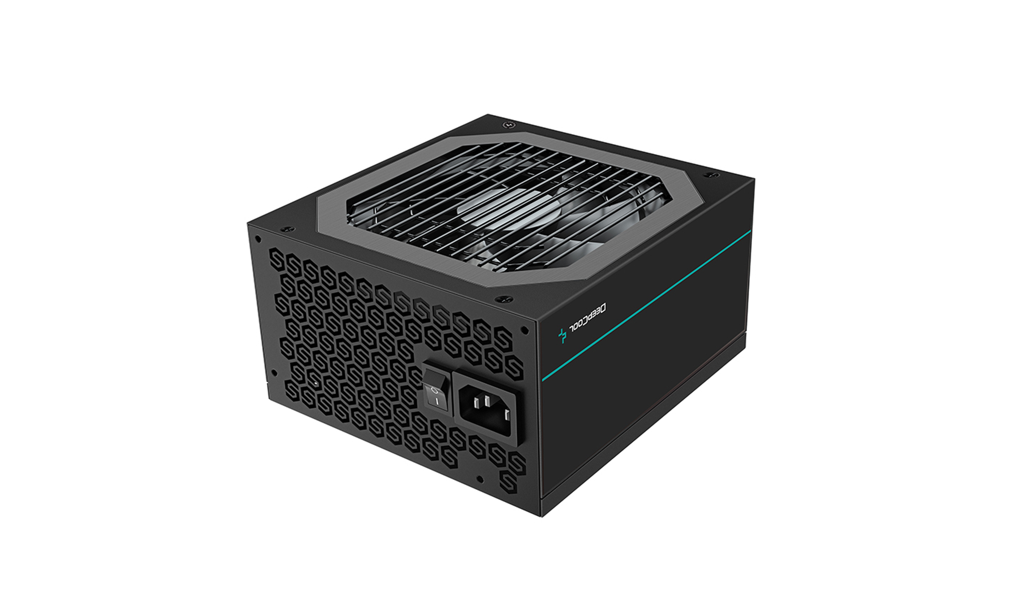 Zwarte voeding met ventilator, rooster en aan/uit-schakelaar. Tekst op de zijkant.