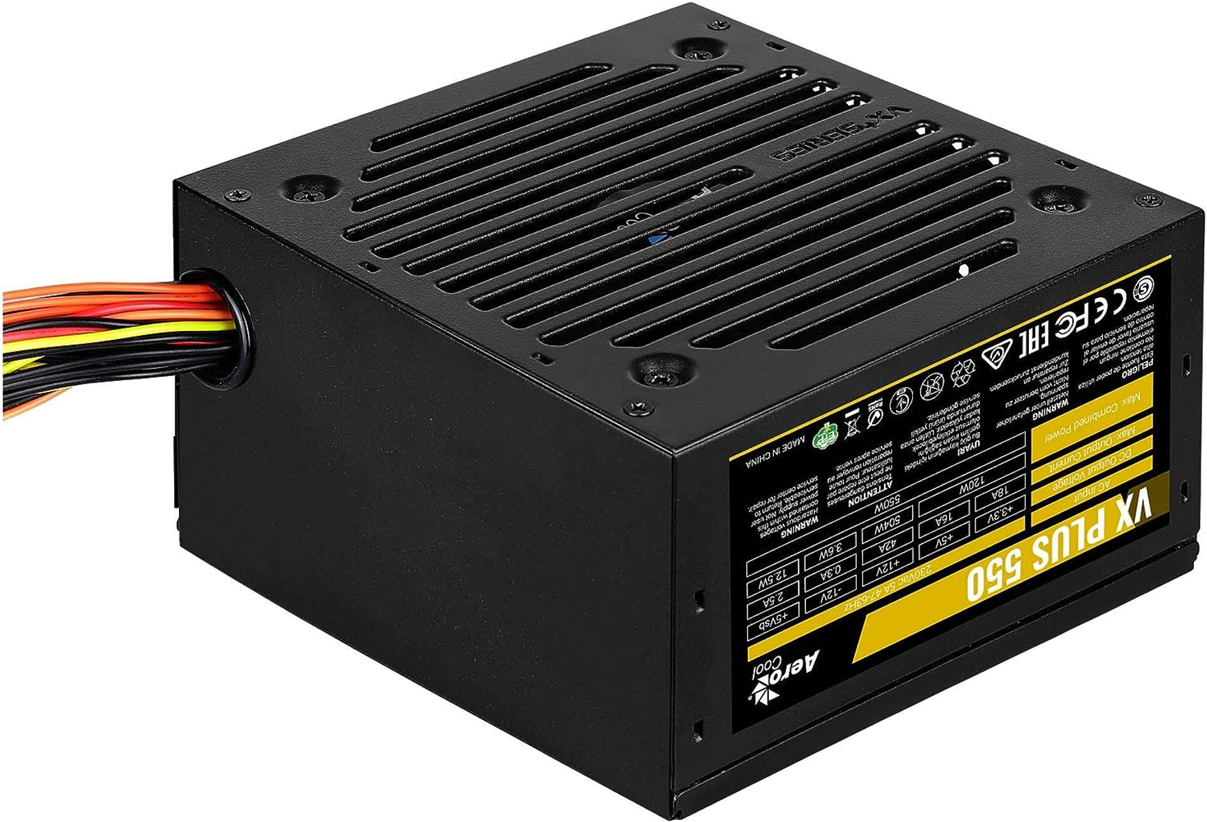 Alimentatore nero con vari connettori ed etichette.