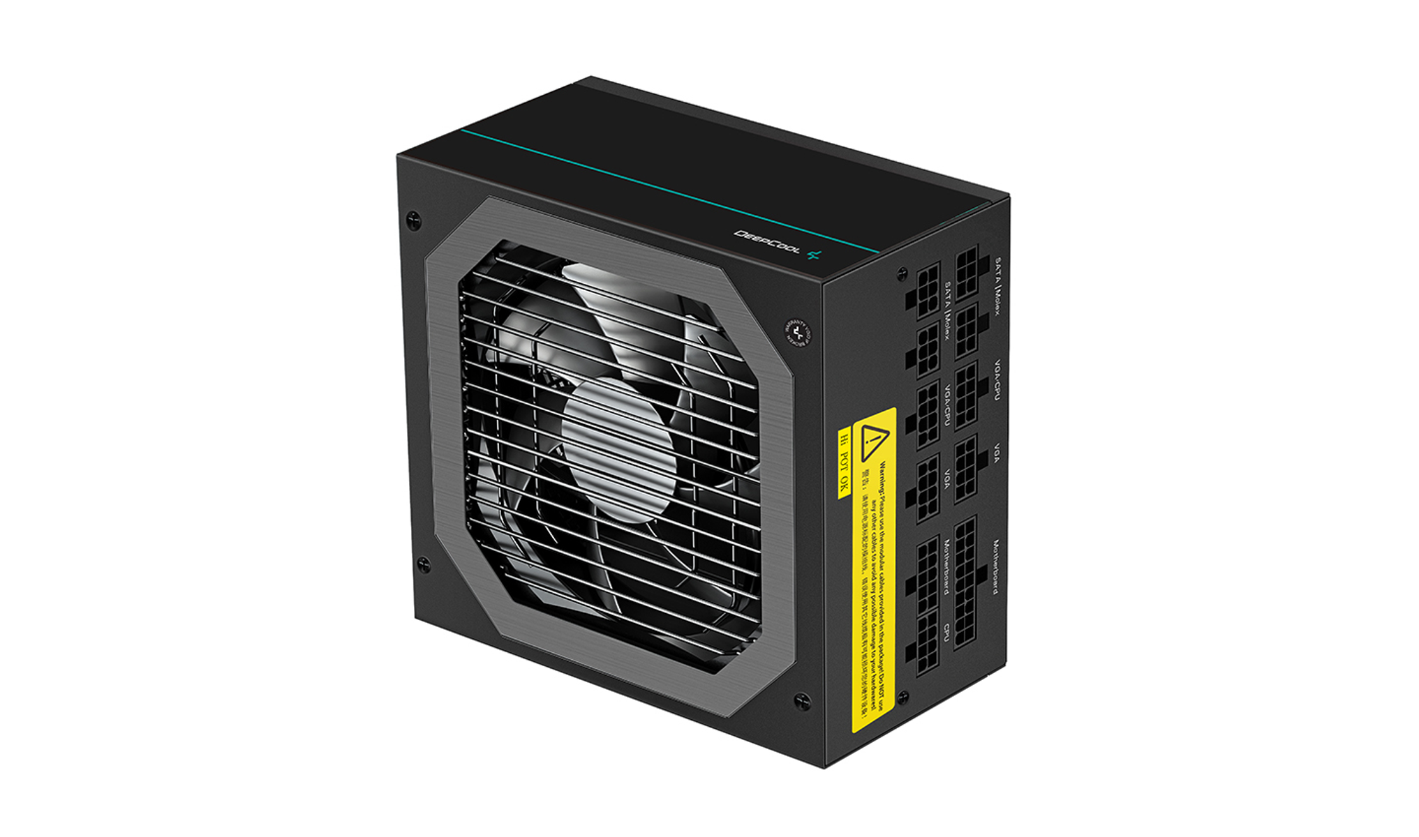 Een zwarte computer voeding met een ventilator, en diverse aansluitpoorten.