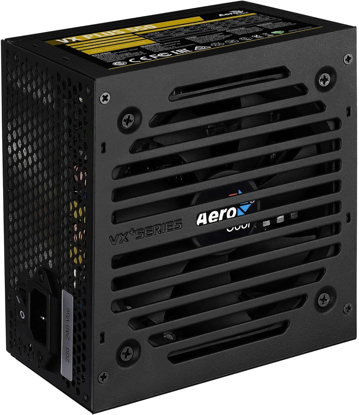 Alimentatore nero con griglia della ventola e prese d'aria. Logo AeroCool visibile. Viti presenti. Testo in alto.