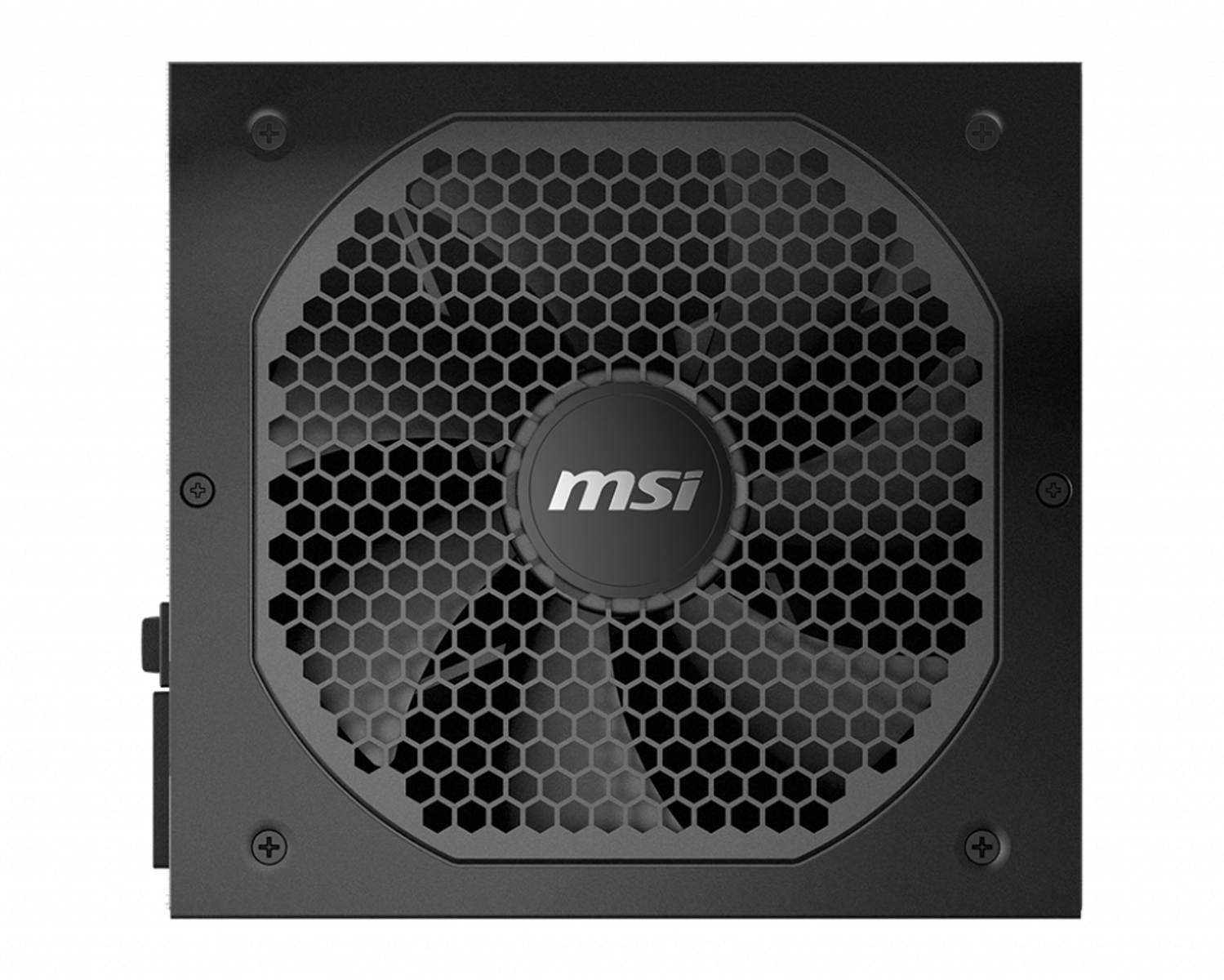 Ein schwarzes Computer-Netzteil mit Lüfter und MSI-Logo.