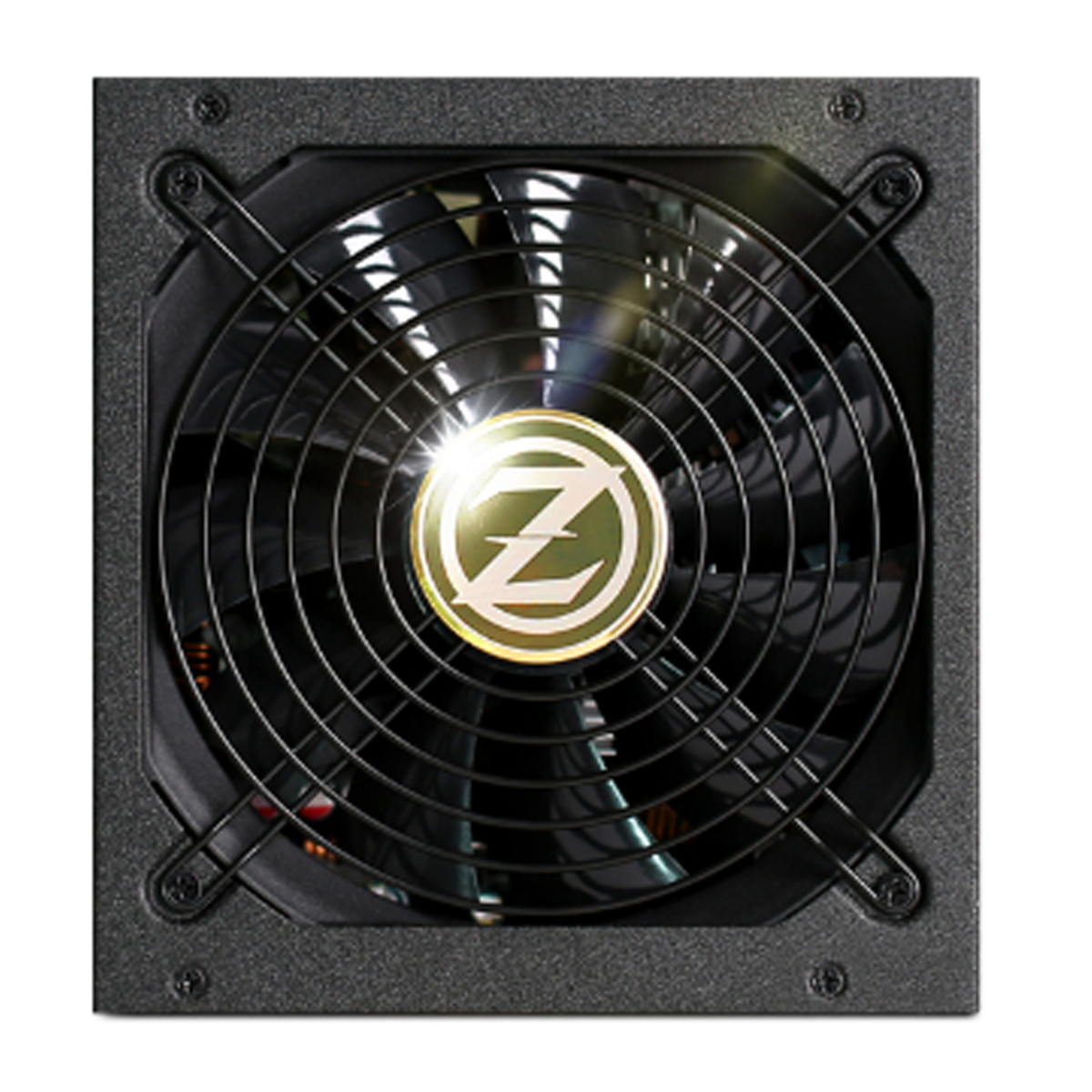 Schwarzes Netzteil mit Lüfter und einem gold-schwarzen Logo.