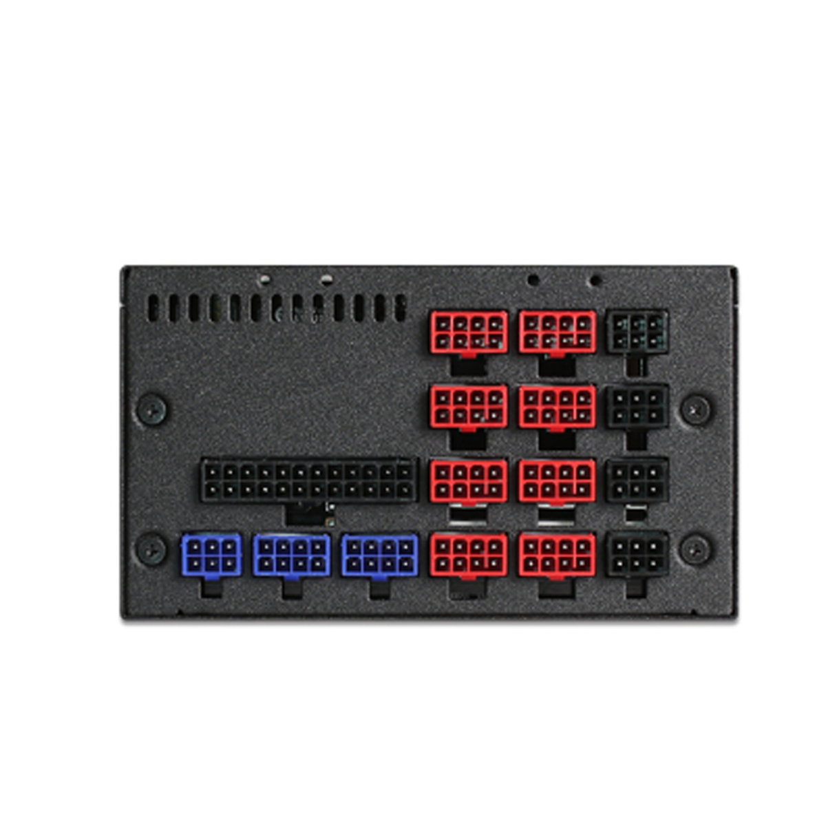 Ein schwarzes Netzteil für einen Computer mit verschiedenen Anschlüssen.