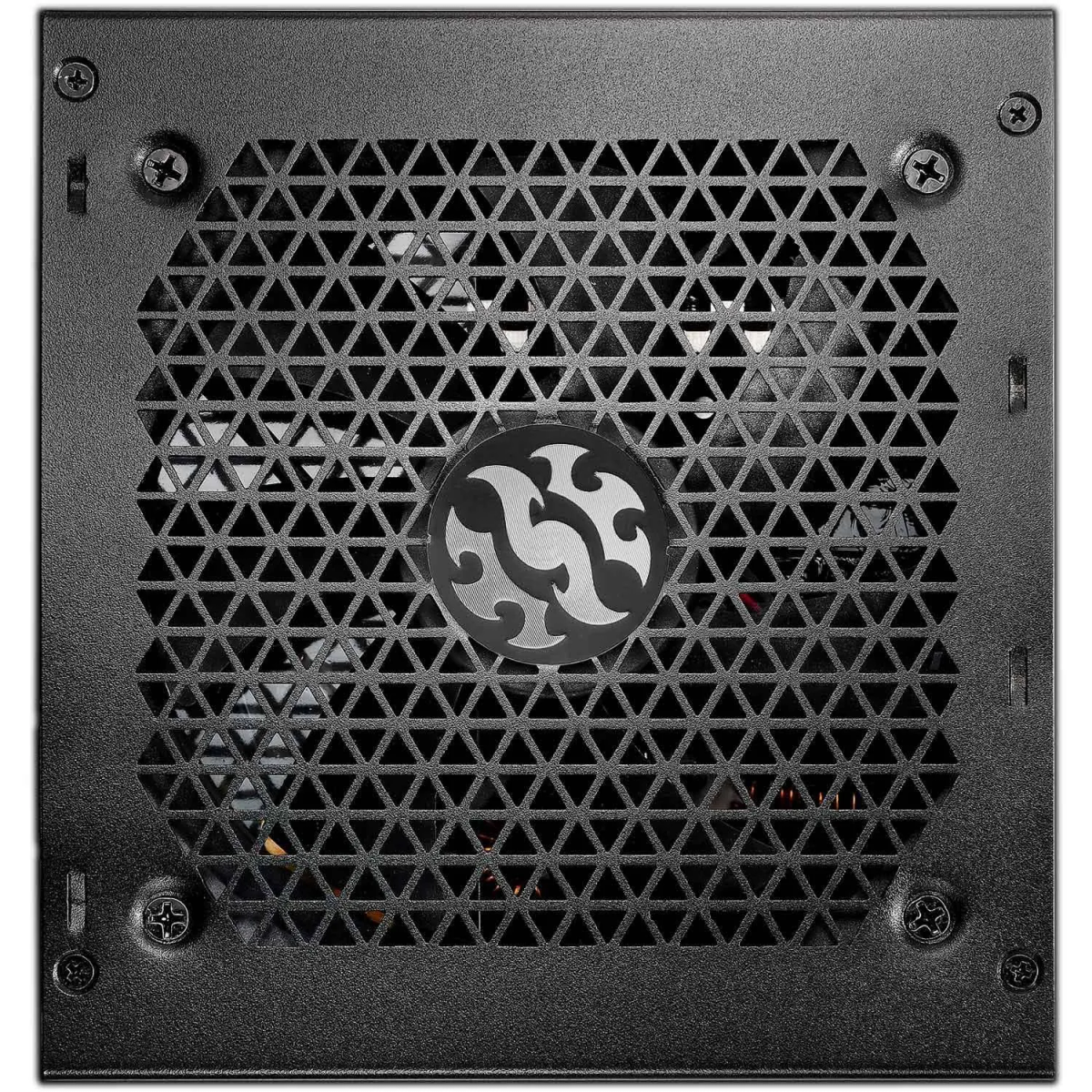 Czarny zasilacz z wzorem siatki i logo pośrodku.