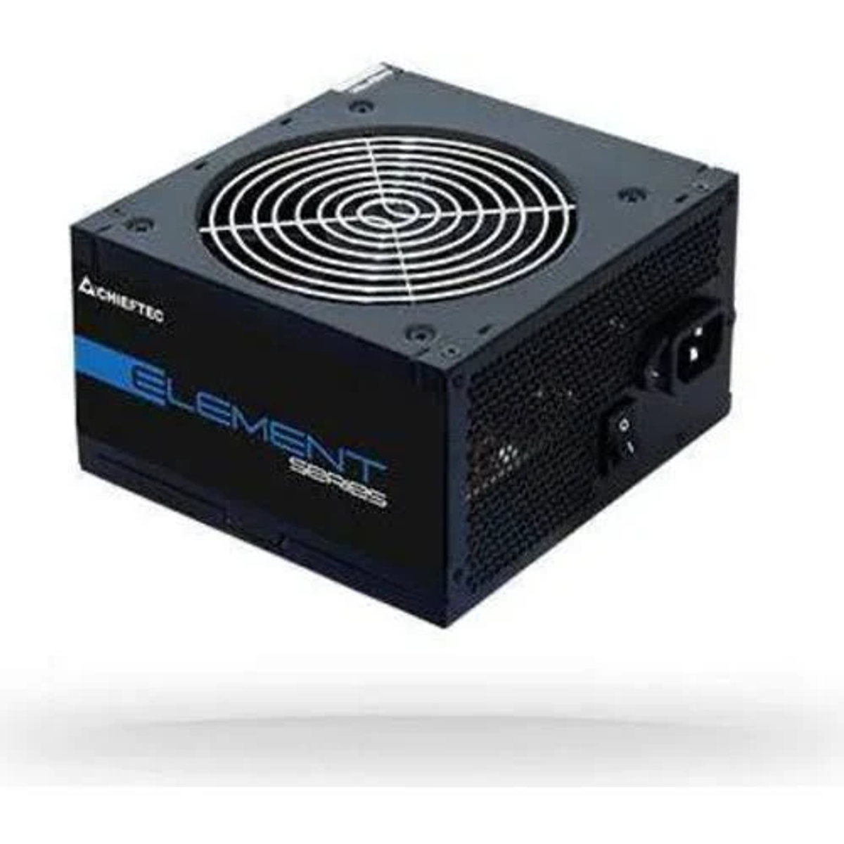 Un alimentatore per computer nero e blu con una ventola e un connettore di alimentazione.
