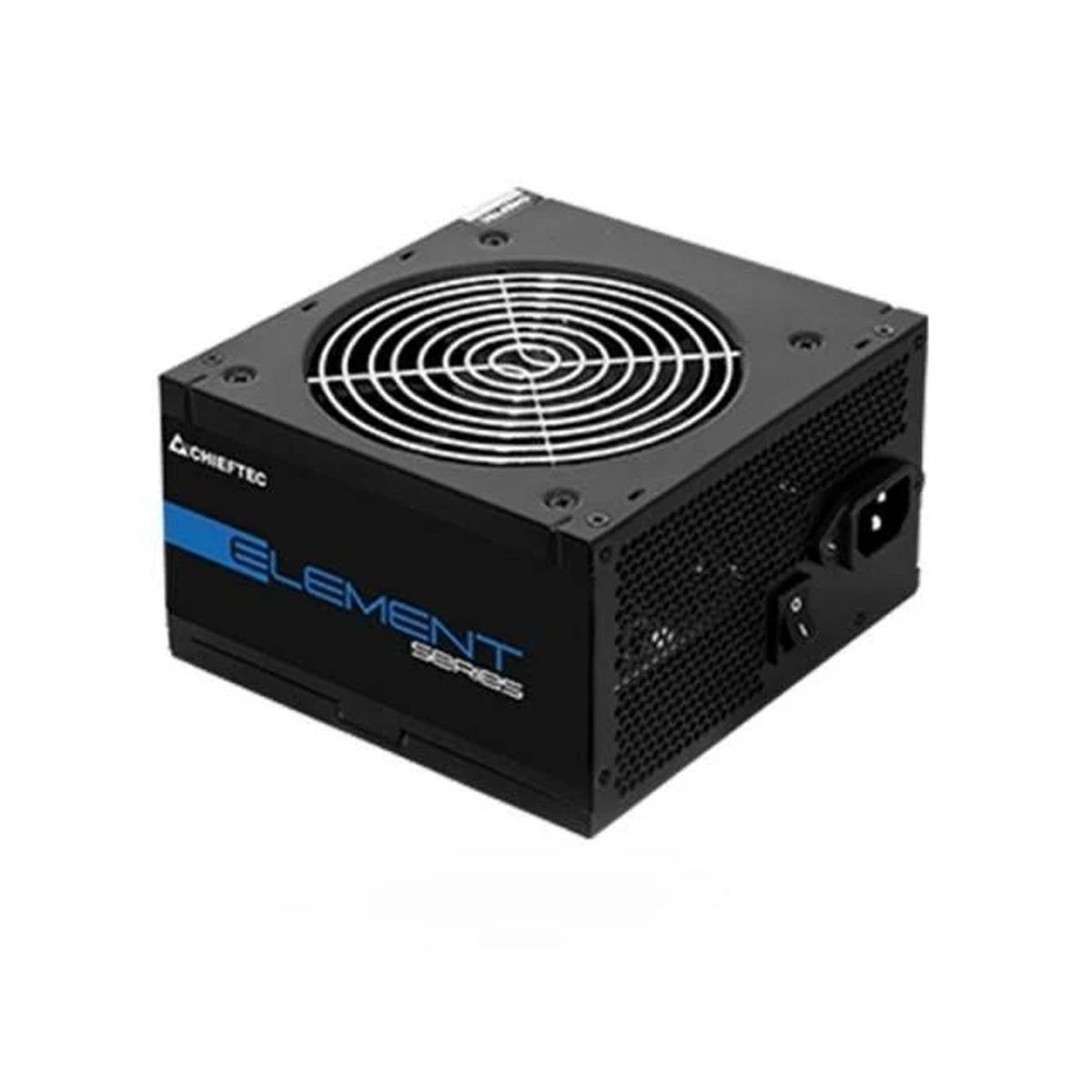 Alimentatore nero con logo blu, ventola e presa di corrente. Sfondo bianco.