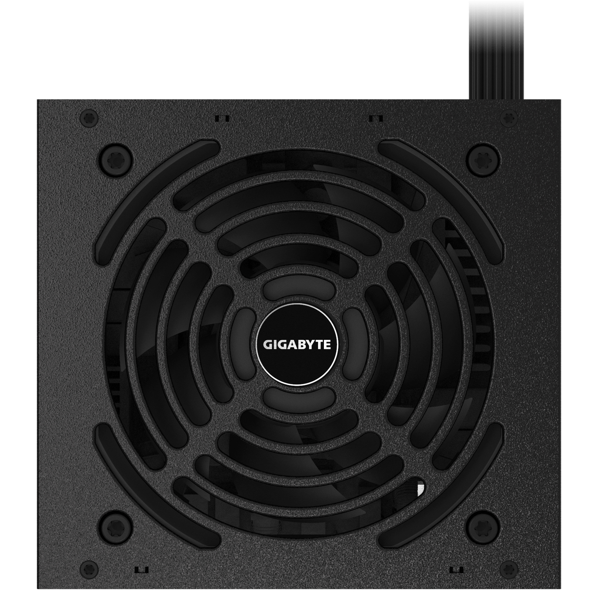 Schwarzes Gigabyte-Netzteil mit Lüftergrill und Gigabyte-Logo auf weißem Hintergrund.