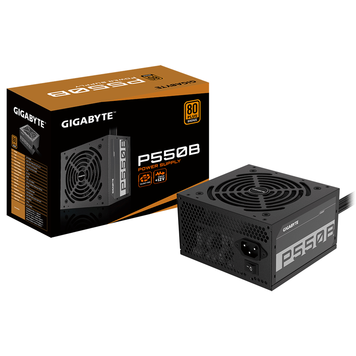 Gigabyte P550B Netzteil. Schwarzes Gehäuse und Box mit Produktname und Infos.