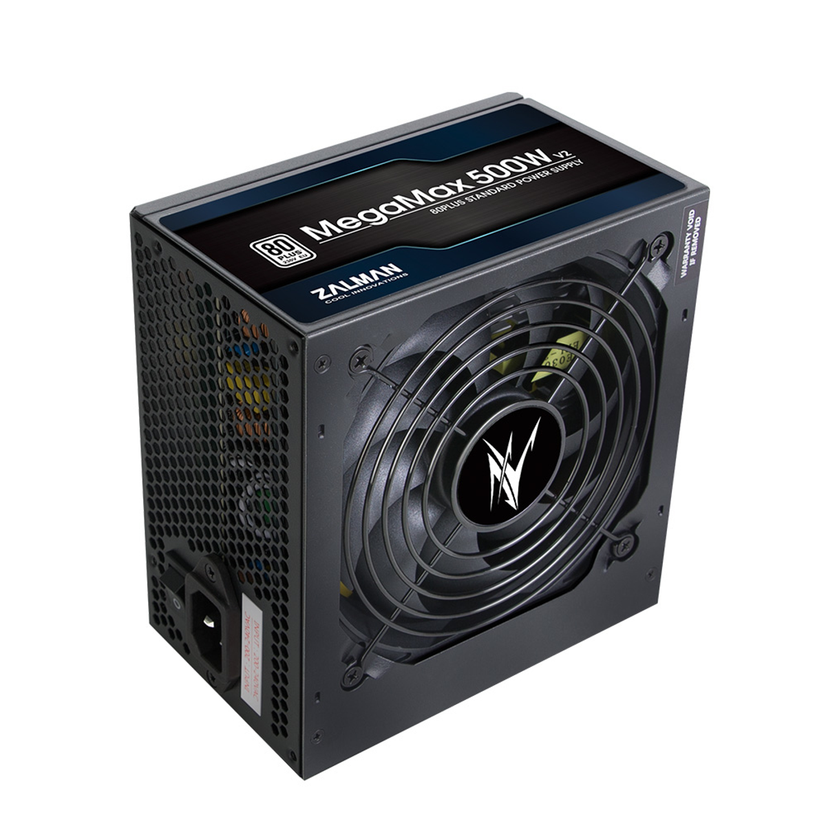 Schwarzes Computer-Netzteil mit Lüfter und Logo. Angesicht, auf weißem Hintergrund.