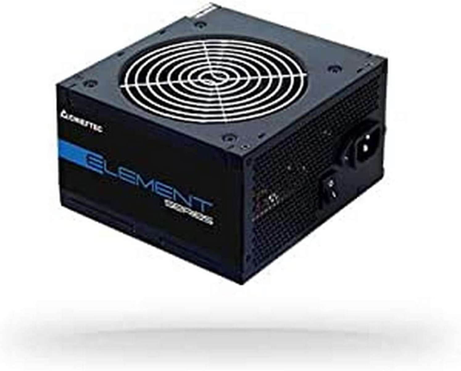 Alimentatore nero con ventola. Testo blu e bianco. Sfondo bianco.