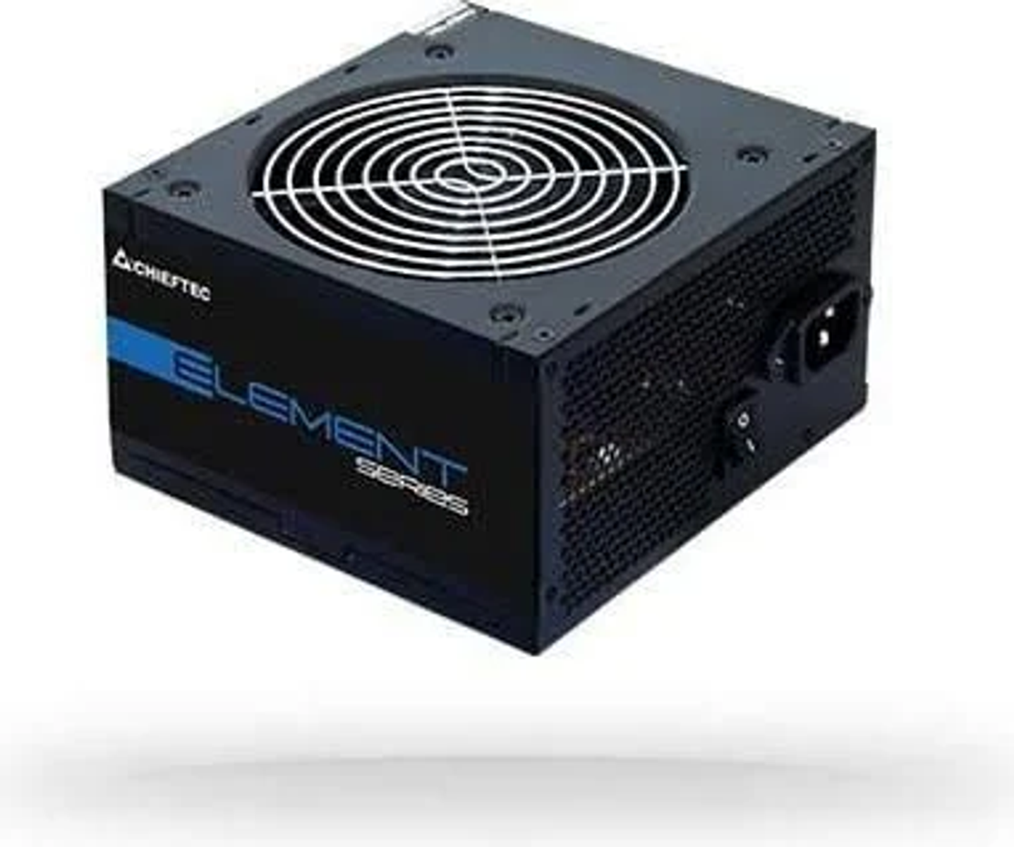 Alimentatore nero con ventola, striscia blu e scritta 'ELEMENT SERIES'.