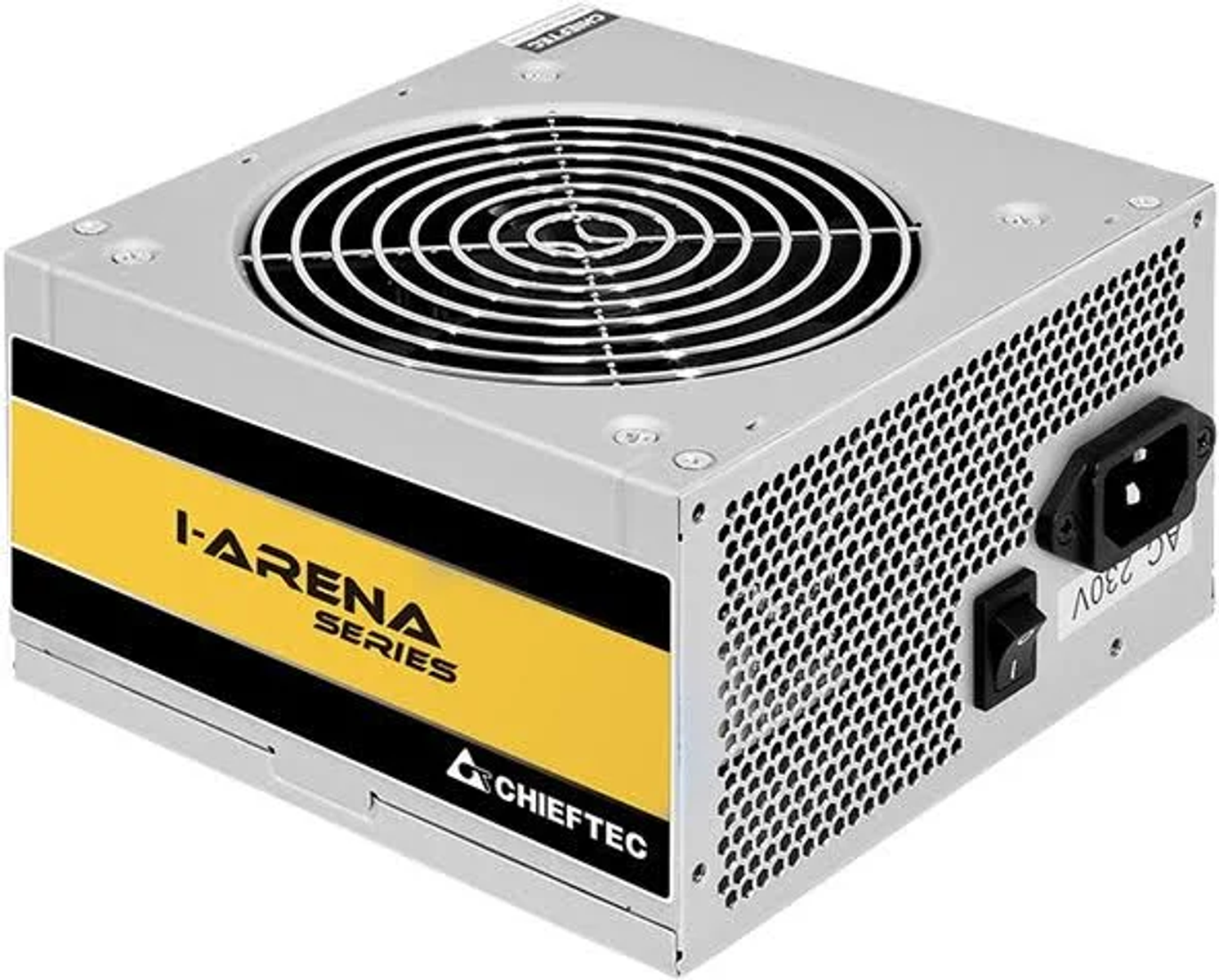 Un alimentatore per computer. È grigio con una ventola in alto e una striscia gialla.