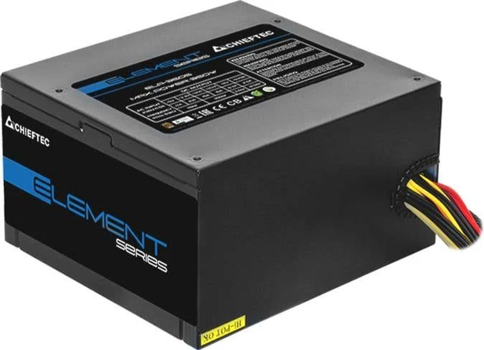 Alimentatore nero con dettagli blu e neri. Adesivo giallo. Cavi che escono. Sfondo bianco.