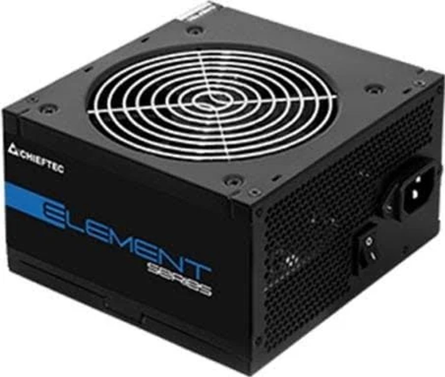 Un alimentatore nero con ventola, dettagli blu e varie porte e interruttori.