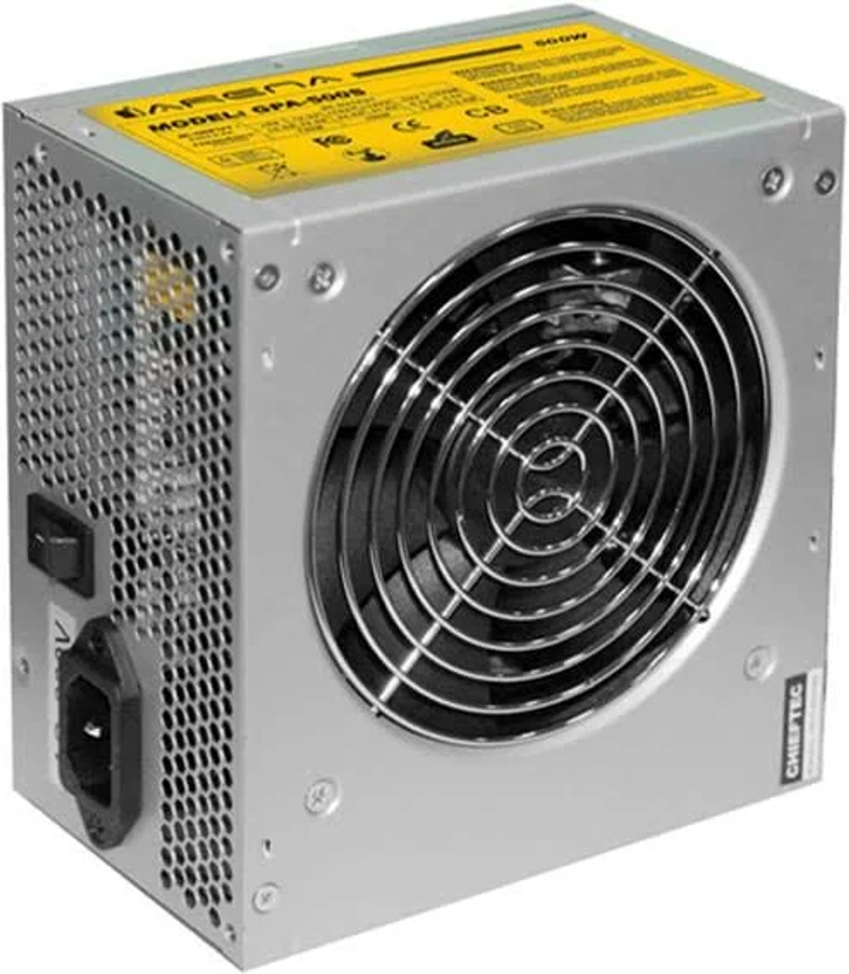 Alimentatore argento con ventola ed etichetta gialla con scritto 600W.
