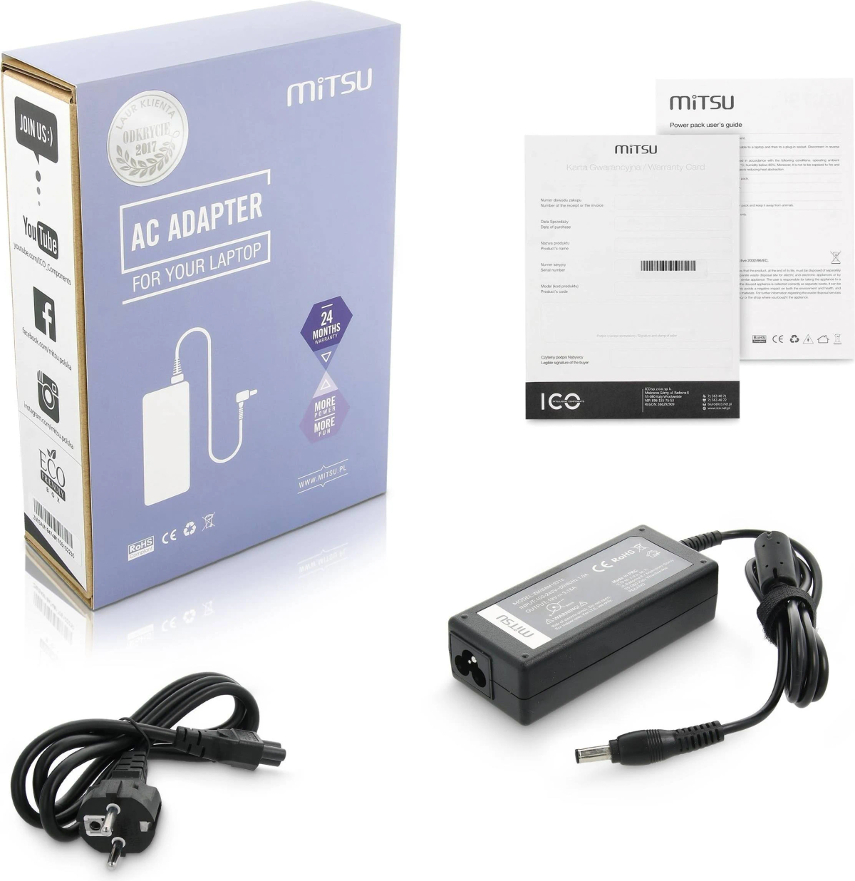 AC-Adapter-Box und Inhalt. Enthält Netzteil, Kabel und Dokumente. Weißer Hintergrund.