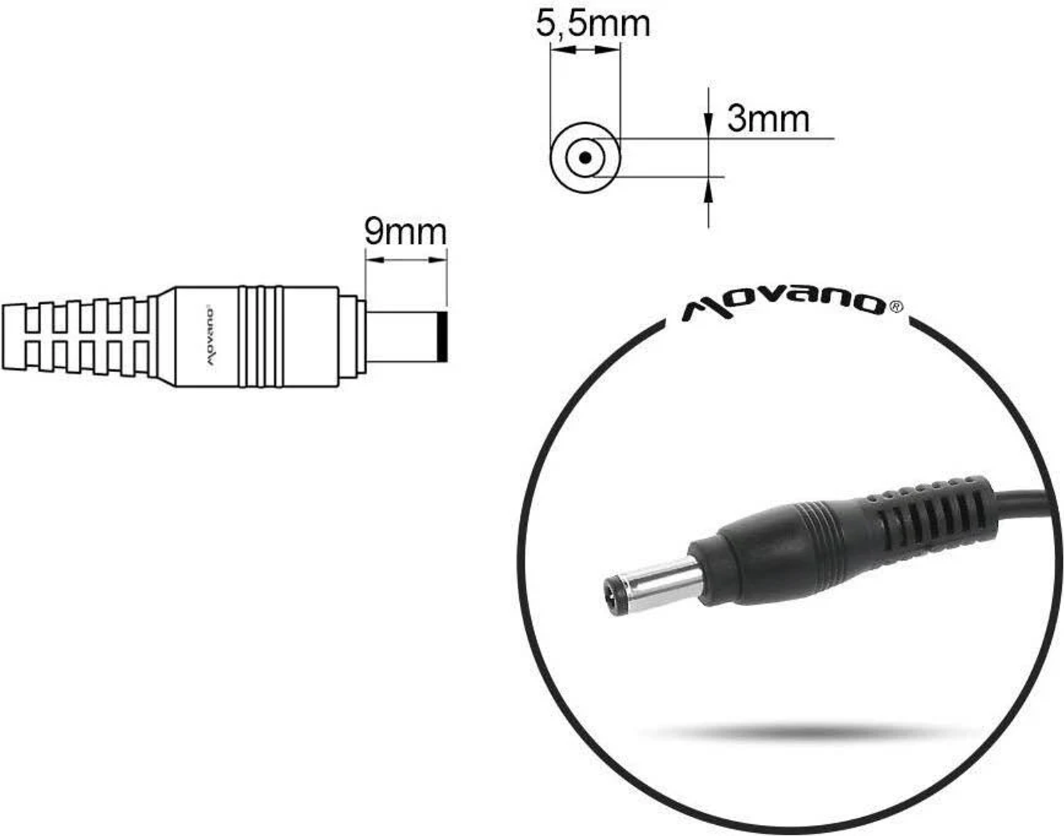 Schwarz-weiß-Diagramm eines Netzkabels und -anschlusses.