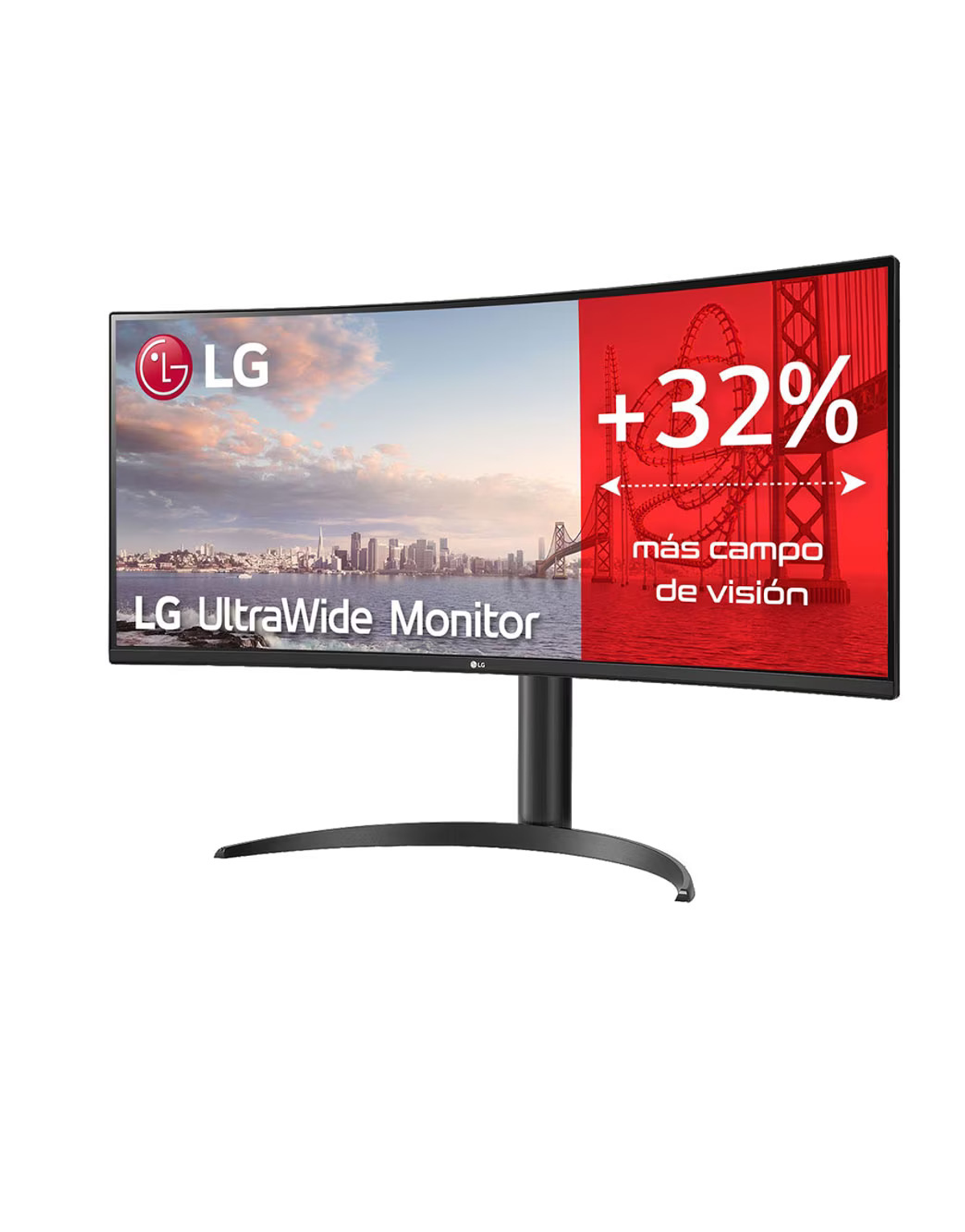 Ein gebogener LG UltraWide Monitor mit Text "más campo de visión" und einem Brückenbild.