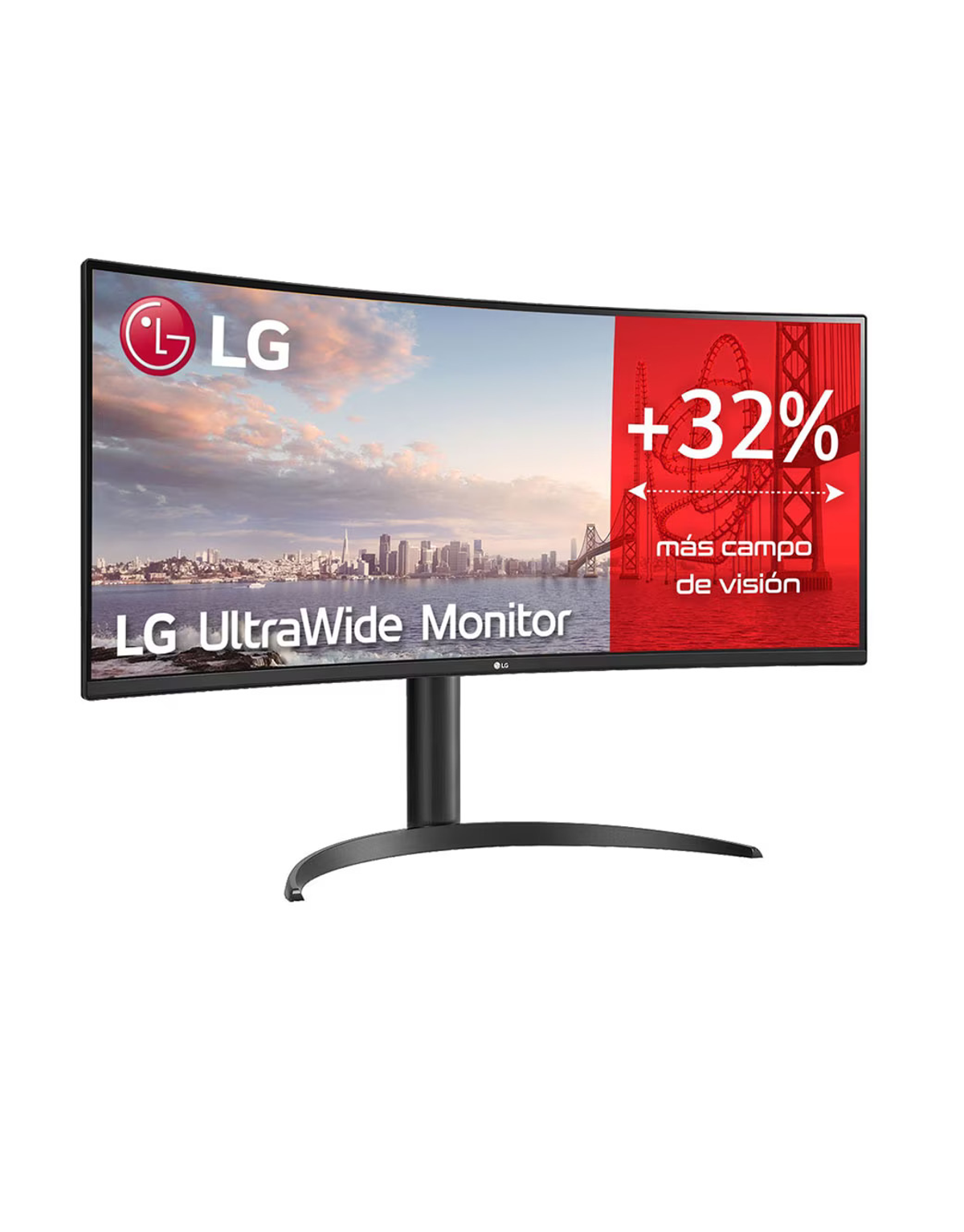 Gebogener LG UltraWide Monitor mit Stadtbild. Rotes Banner auf der rechten Seite.