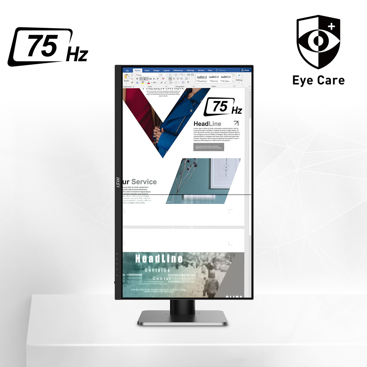 Monitor de computadora mostrando un documento, con un logo de 75 Hz y Eye Care.