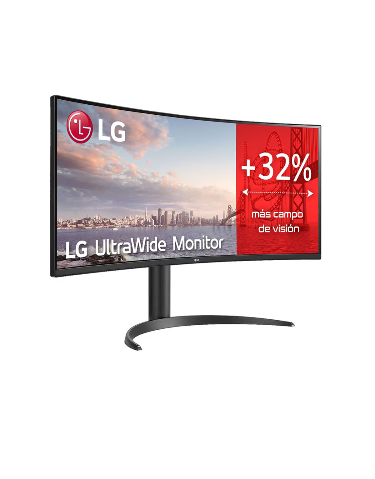 LG Curved Monitor mit Stadt und rotem Banner.