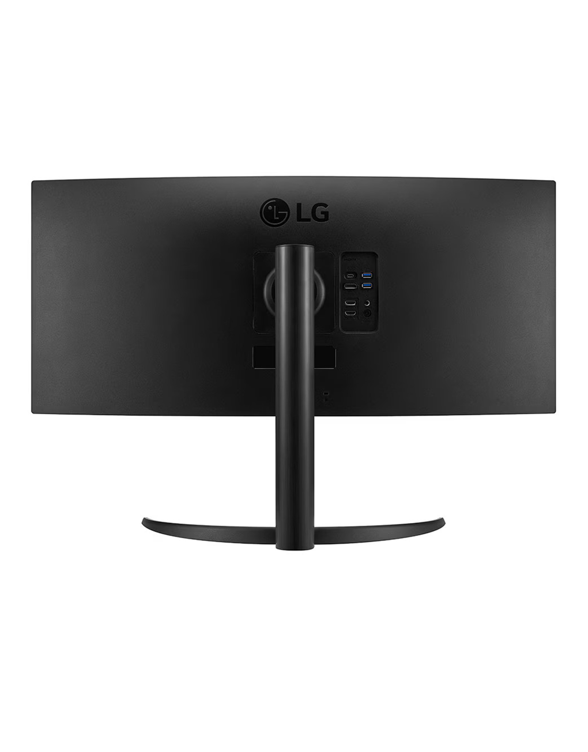 Schwarzer Computermonitor, Rückansicht. LG-Logo oben, Ständer und Anschlüsse unten.