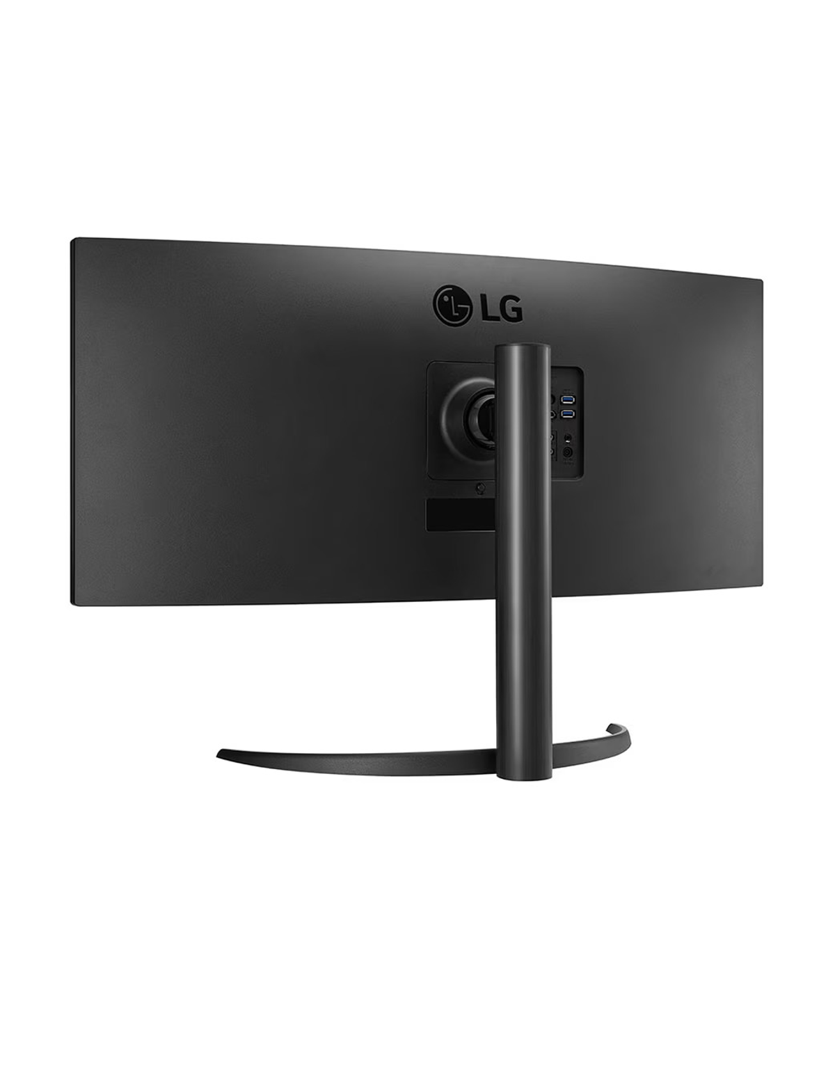Rückansicht eines schwarzen Computermonitors mit Ständer, der Marke LG und verschiedenen Anschlüssen.
