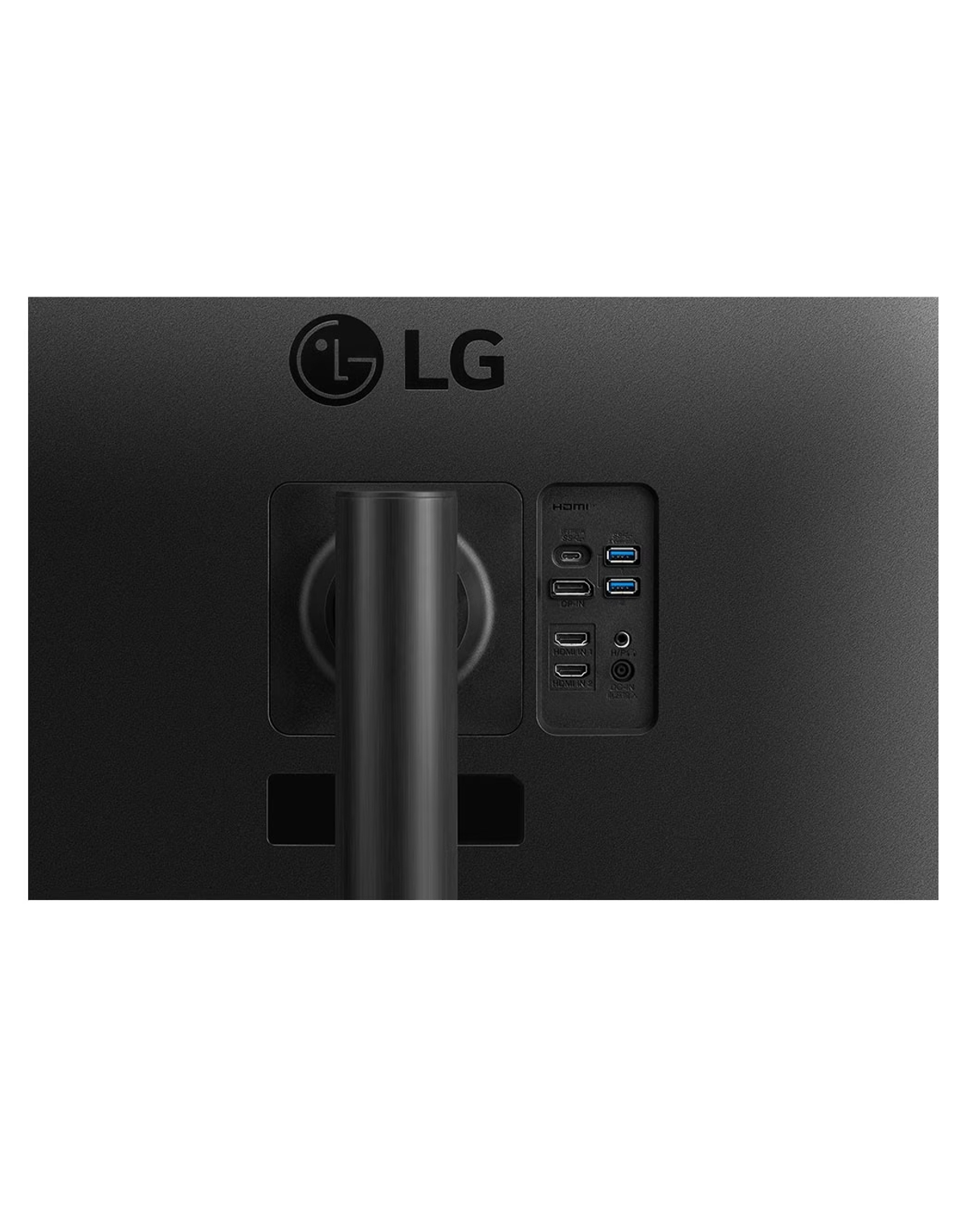 Schwarze Rückseite eines Monitors mit LG-Logo und Anschlüssen.