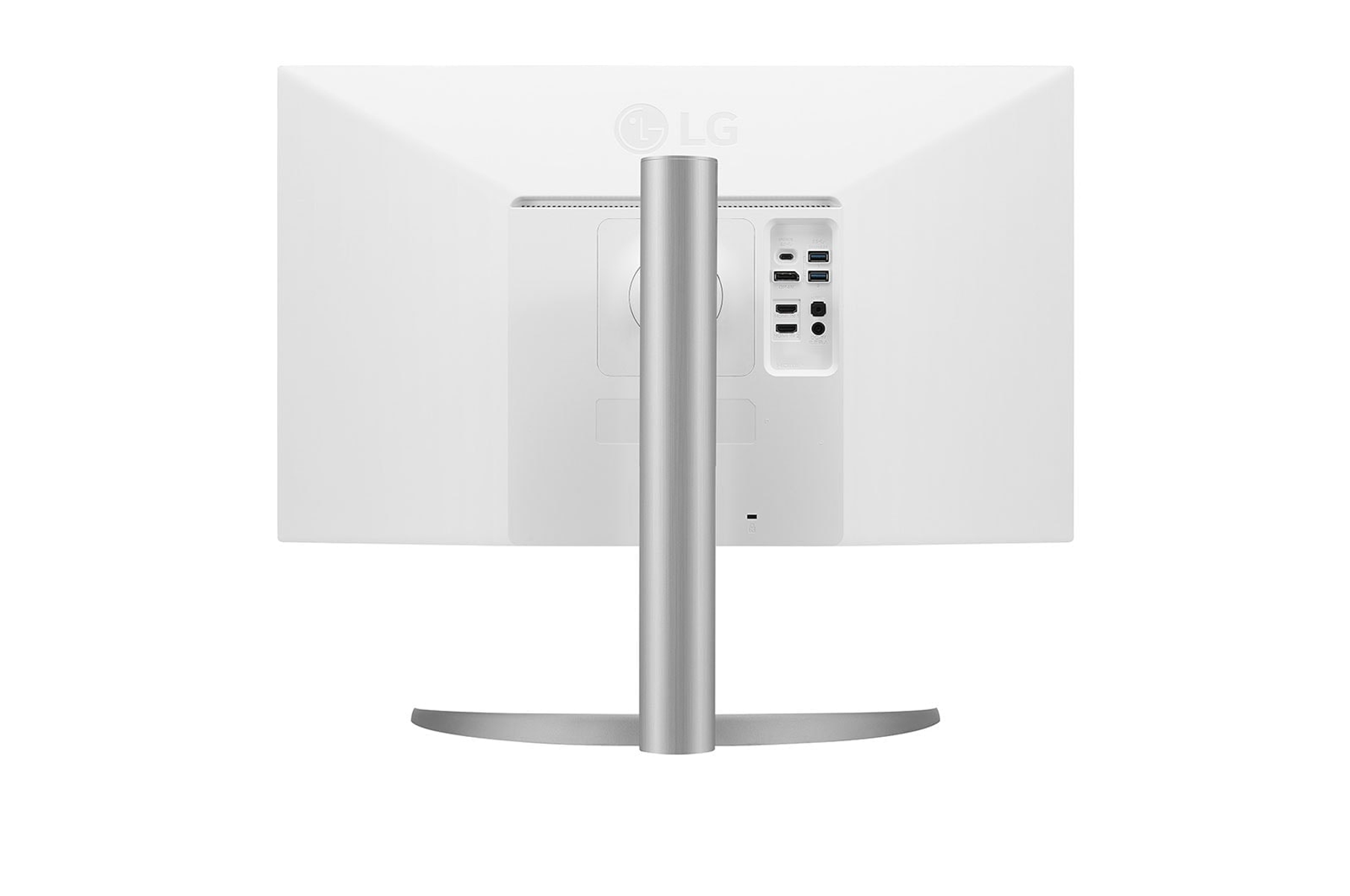 Tył białego monitora komputerowego ze srebrną podstawką i widocznymi różnymi portami.