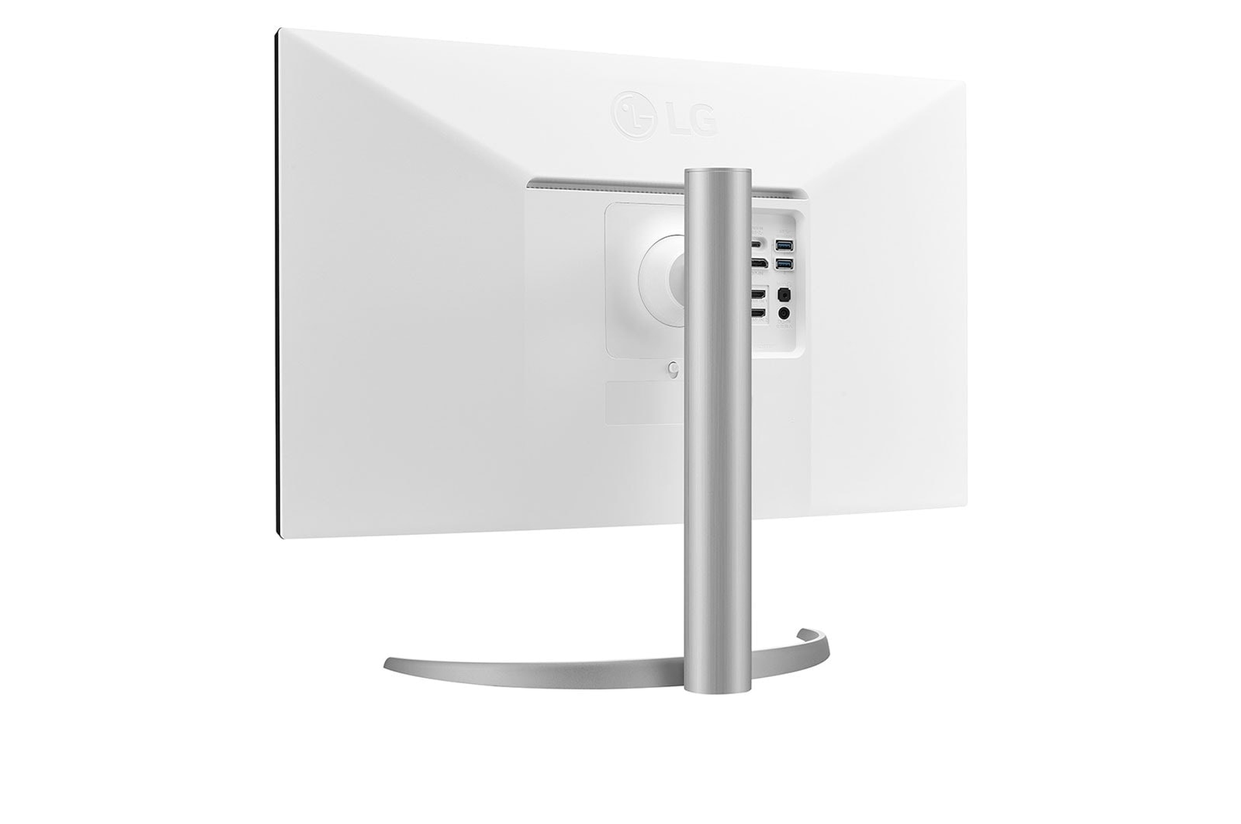 Widok z tyłu białego monitora LG ze stojakiem, pokazujący porty, na białym tle.