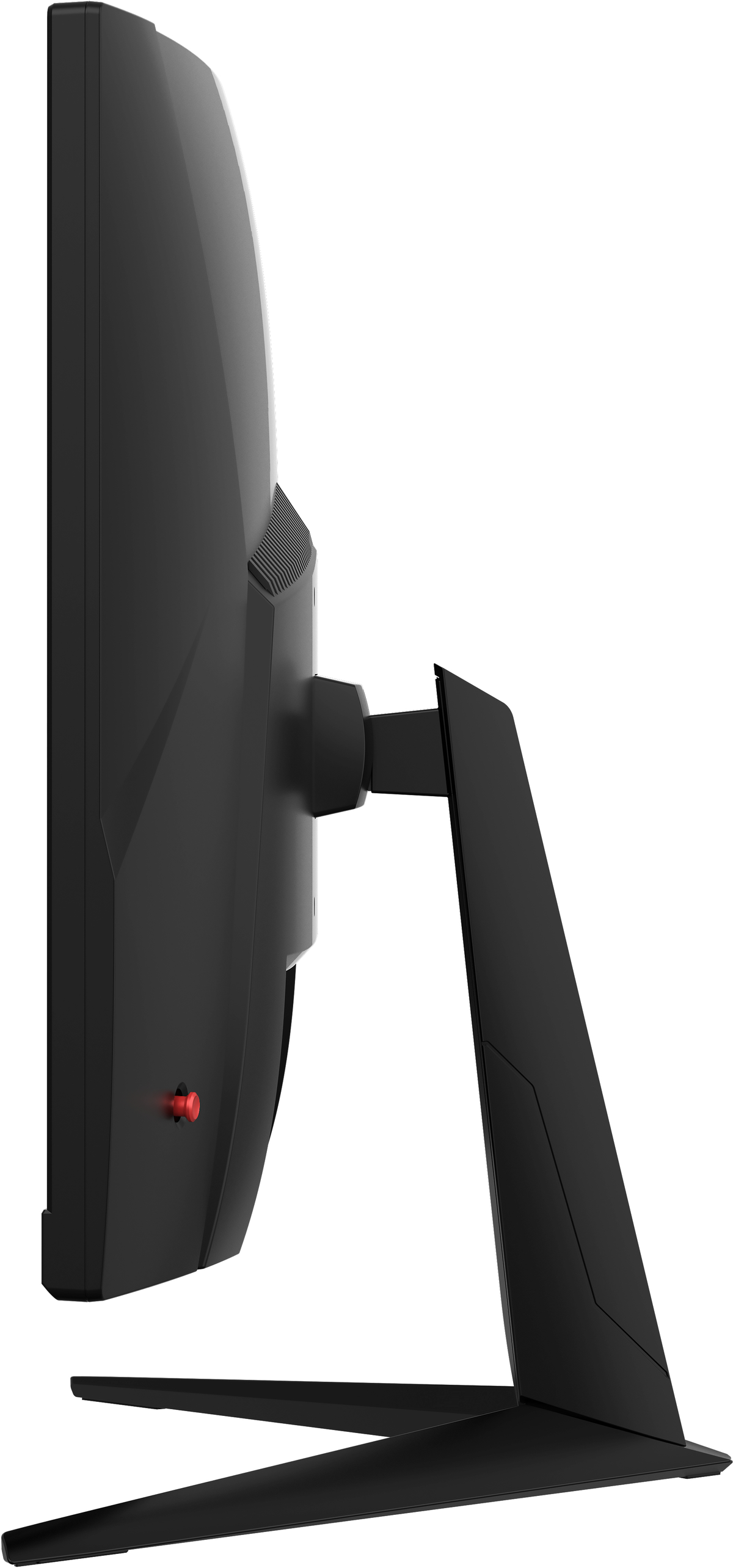 Un monitor per computer nero visto di lato. Ha un supporto e un pulsante rosso.