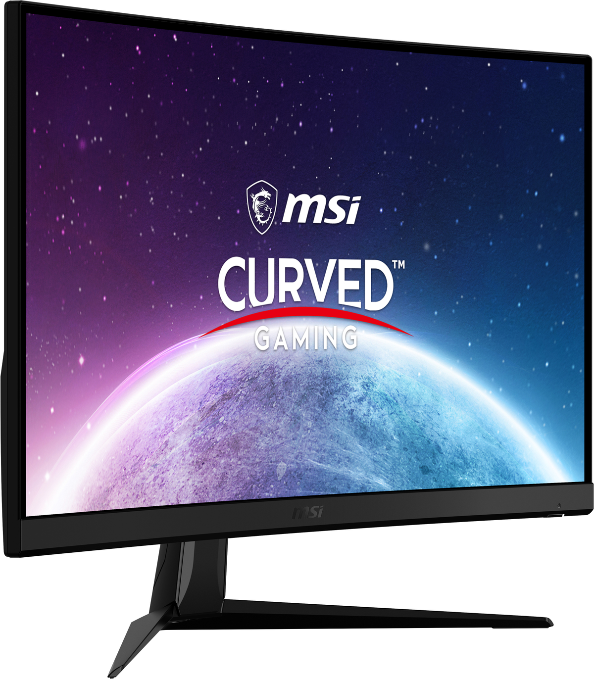 Monitor MSI curvo per gaming che mostra una scena spaziale. Il monitor ha un supporto nero.