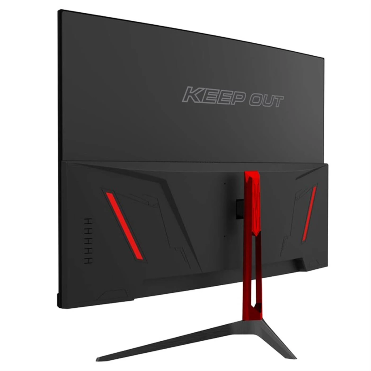 Monitor da gioco nero e rosso, vista posteriore, con la scritta 'KEEP OUT'.