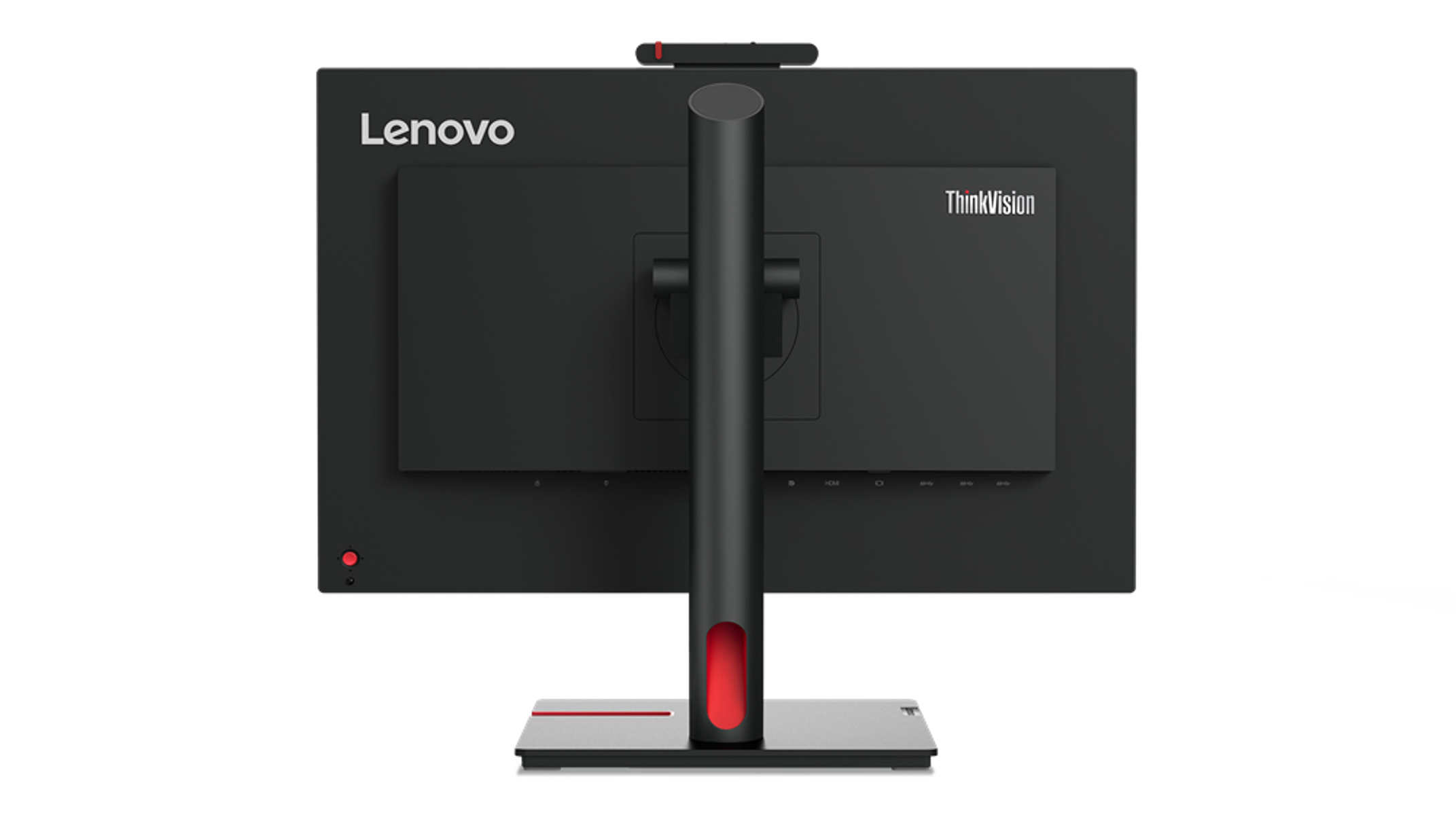 Tył czarnego monitora komputerowego z podstawą. Widoczne są marki Lenovo i ThinkVision.
