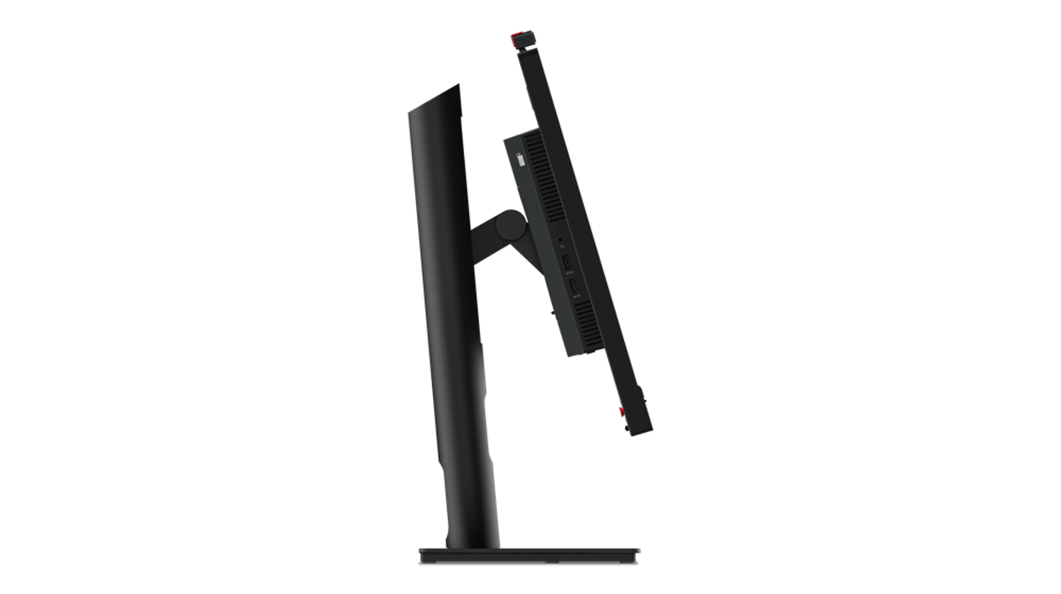 Czarny monitor komputera przechylony na białym tle. Widoczna jest podstawa i tył.