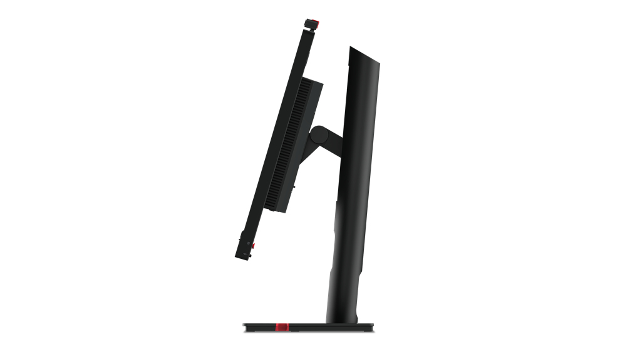 Czarny monitor komputera w widoku z boku, z czerwonym detalem na podstawie.