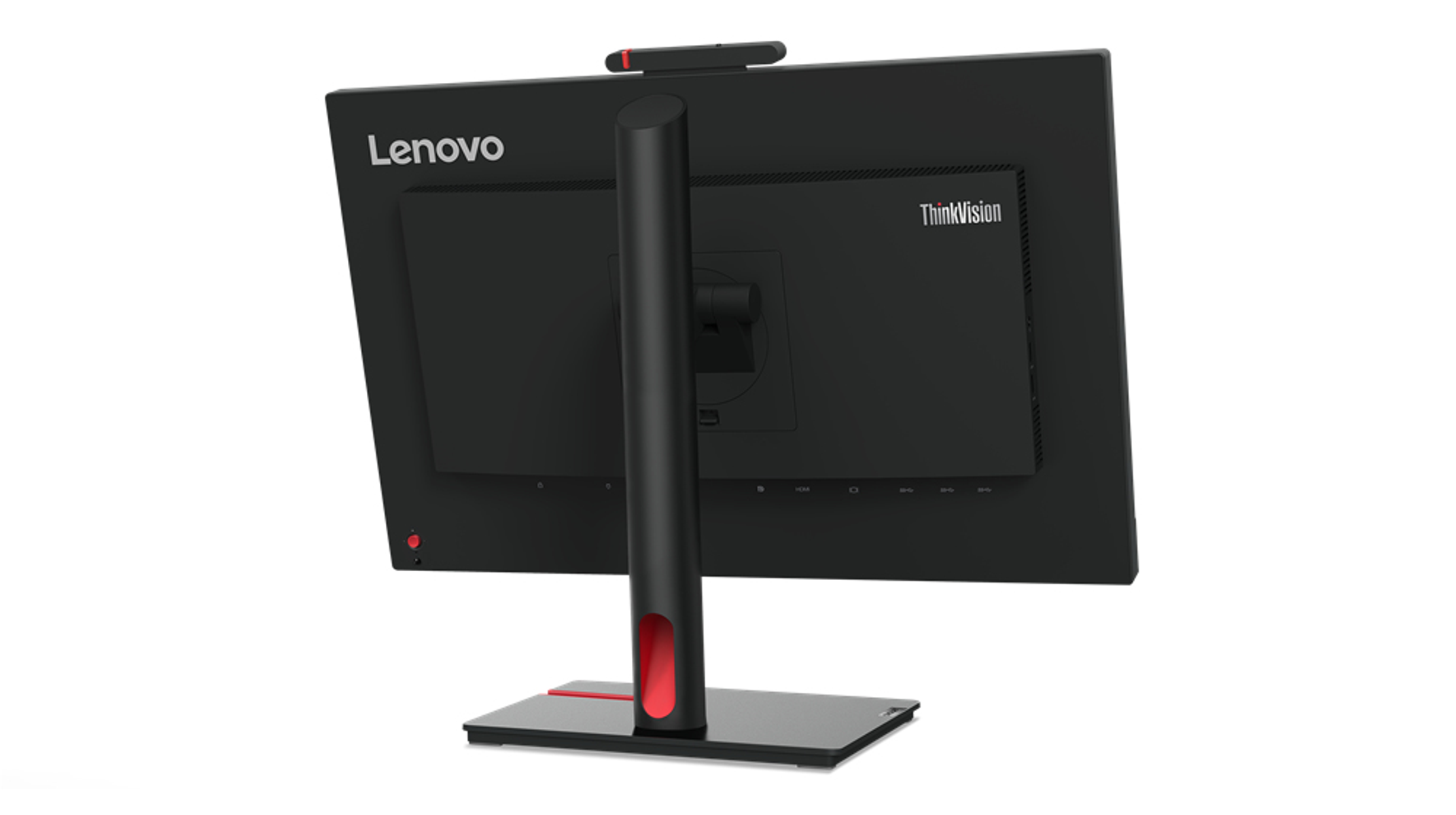 Widok z tyłu monitora Lenovo. Ma czarną podstawę, czerwony akcent i logo ThinkVision.