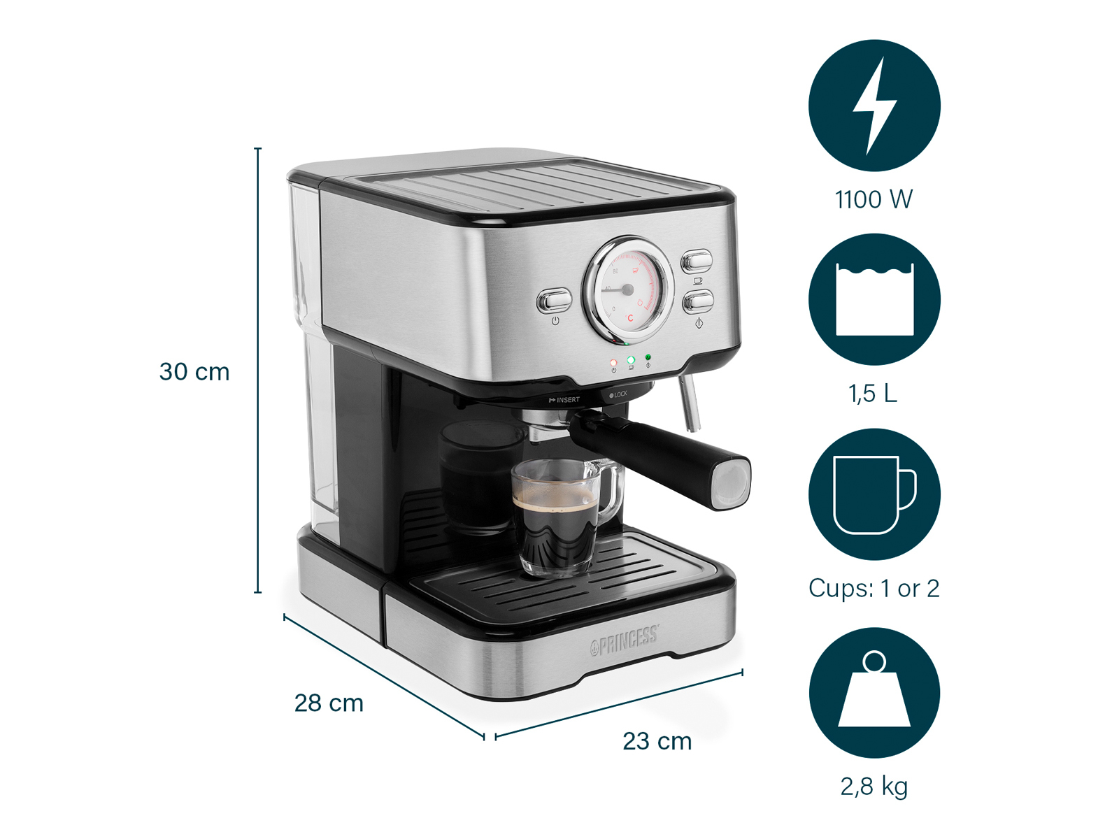 Espressomaschine aus Edelstahl mit Maßen und Symbolen.