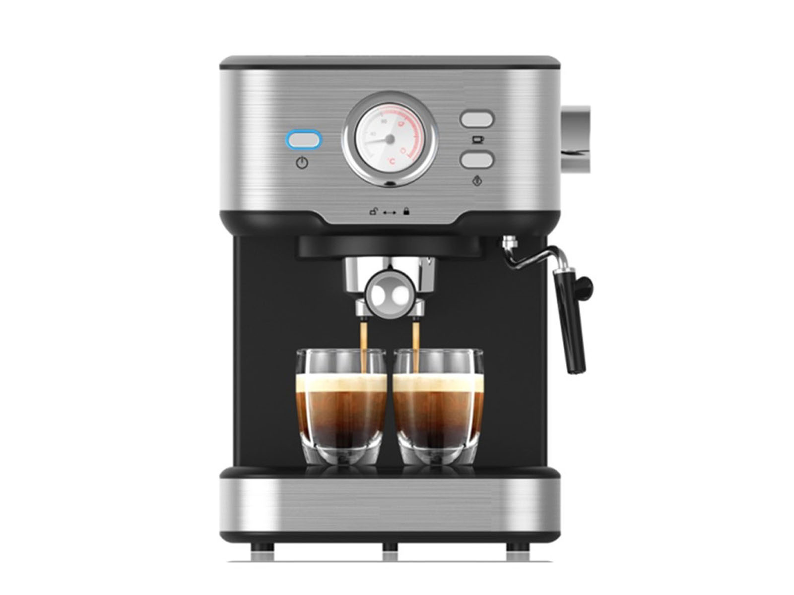 Espressomaschine, silber und schwarz, mit zwei Gläsern gefüllt mit Kaffee.