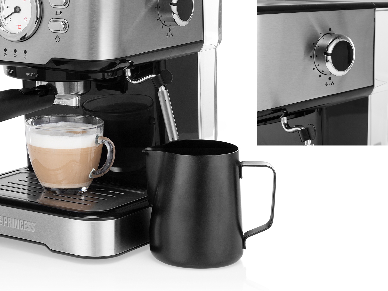 Espressomaschine mit Glas Latte Macchiato und schwarzem Milchaufschäumer.