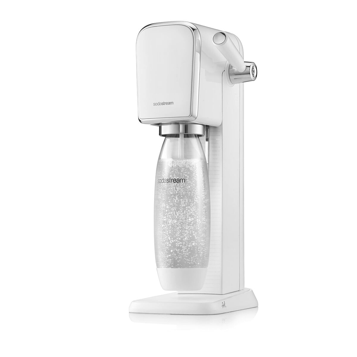 Eine weiße Sodastream-Maschine mit einer klaren Flasche mit Blasen.