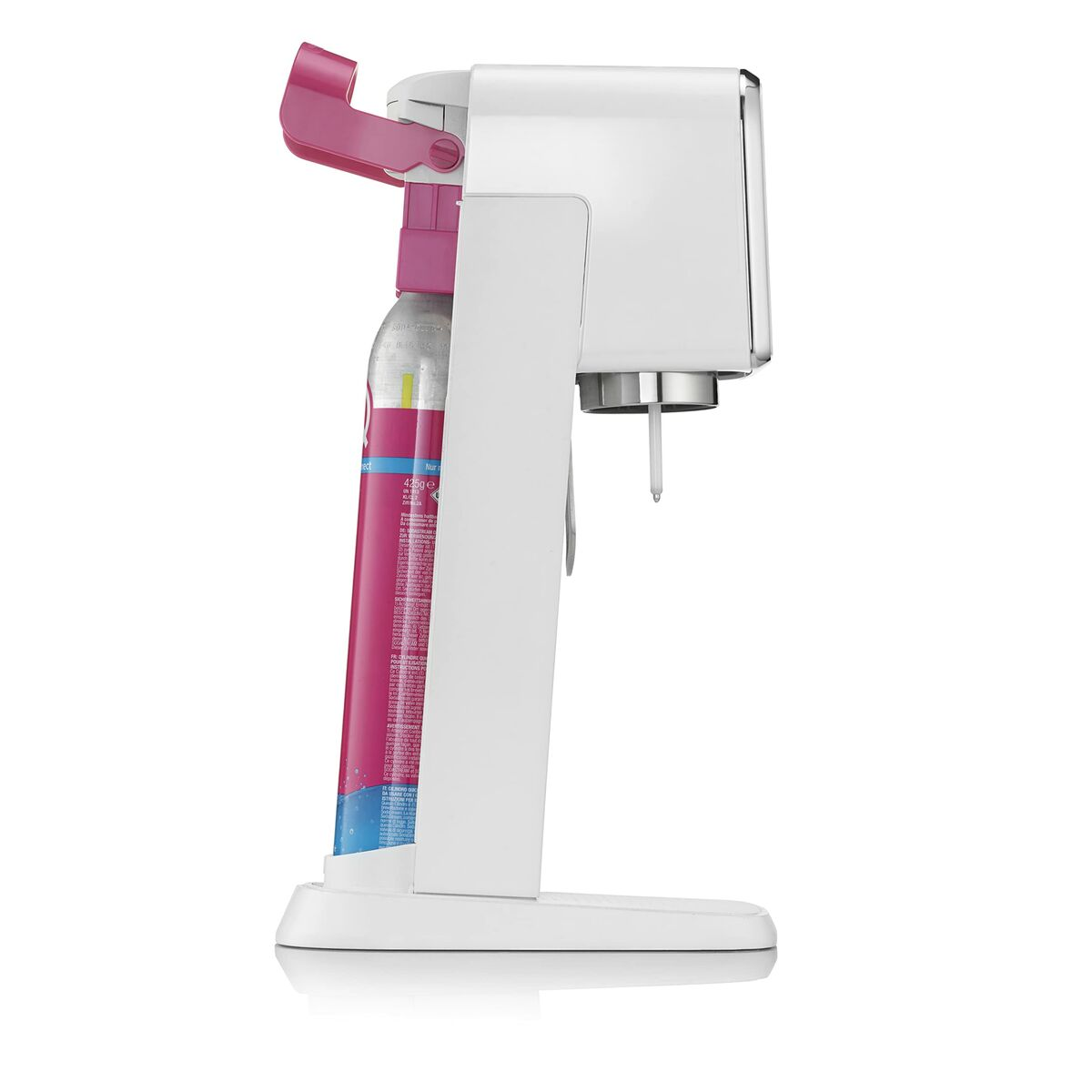 Ein weiß-rosa Soda-Maker. Ein rosa Zylinder im Inneren, mit weißer Basis und rosa Hebel.