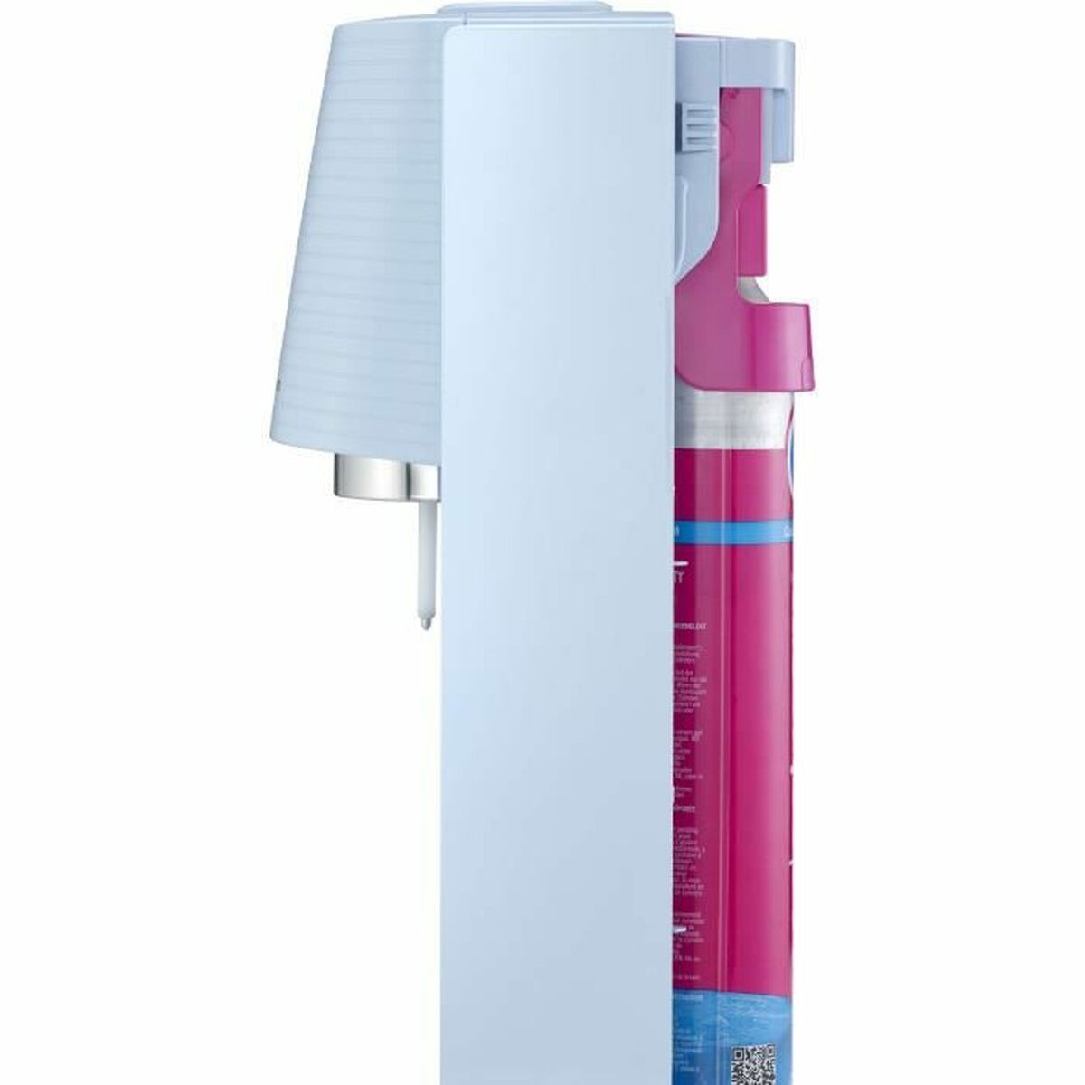 Weißer Sodabereiter mit rosa Kartusche, blauen Seitenwänden und silberner Düse.