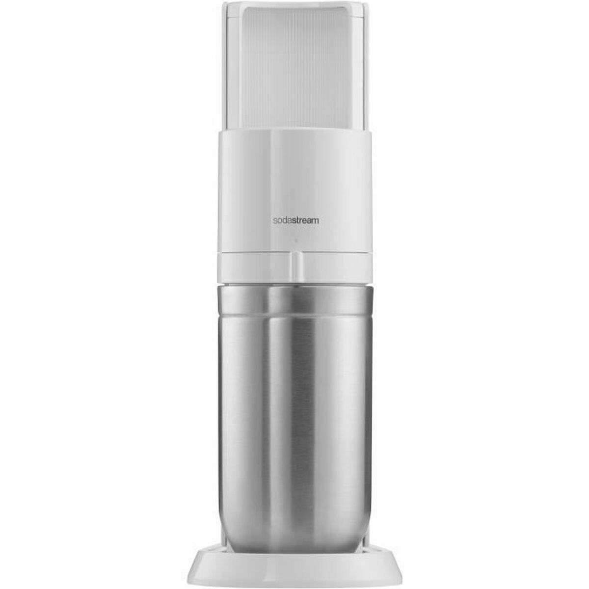Eine weiße Sodastream-Maschine. Es hat einen silbernen Sockel und einen durchsichtigen Deckel.