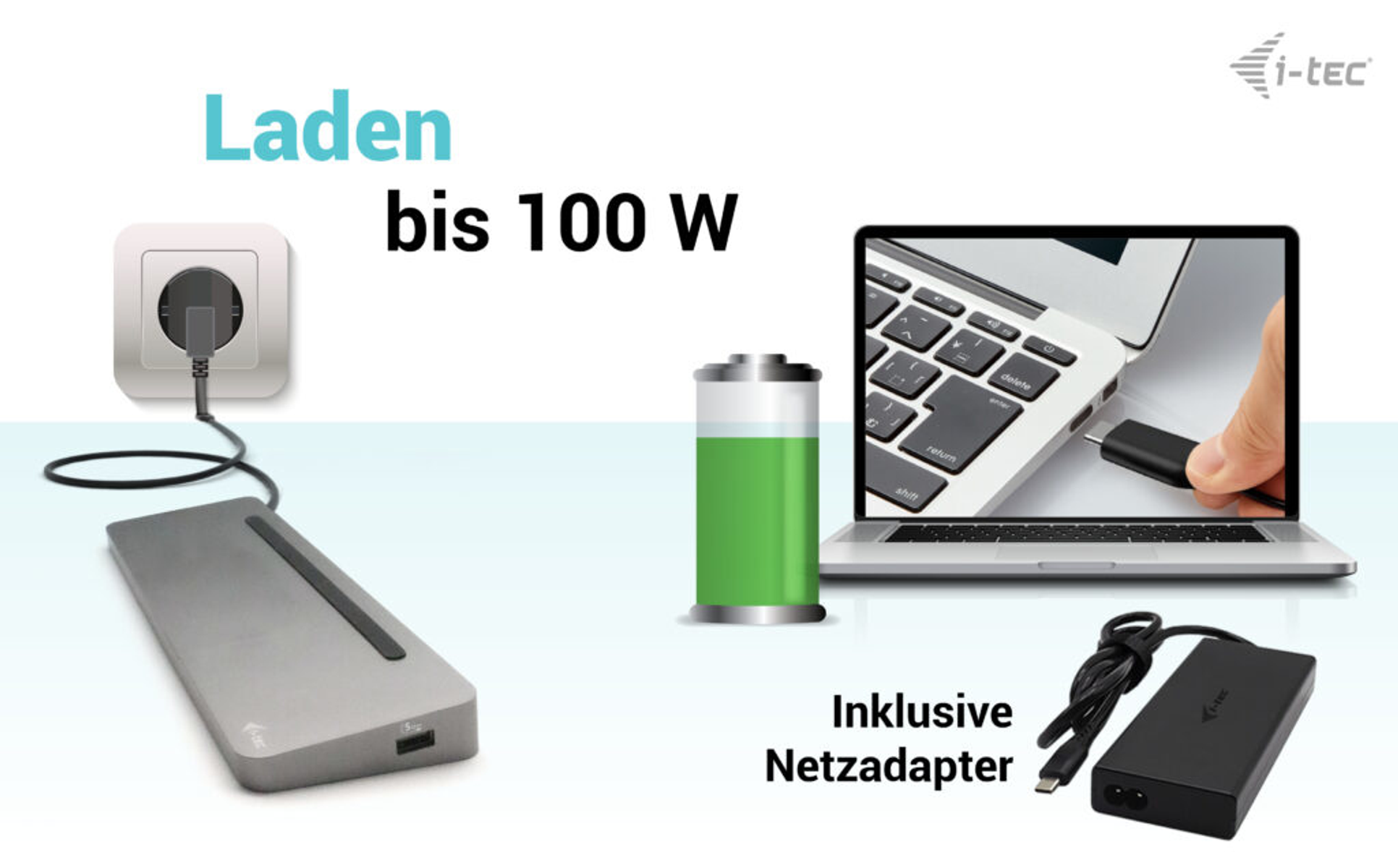 Afbeelding toont een laptop aangesloten op een laadstation en een voedingsadapter.
