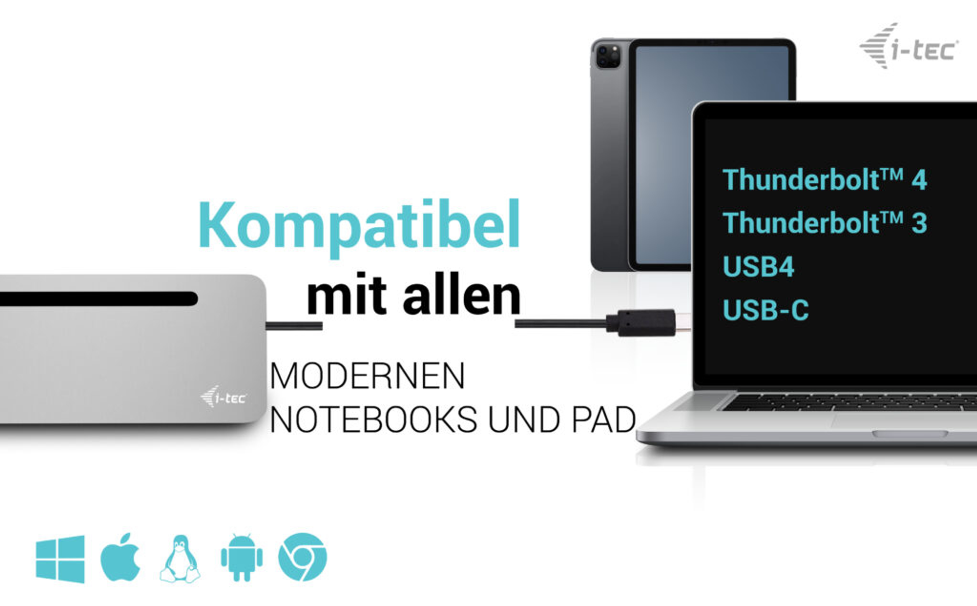 Een laptop en tablet zijn verbonden met een zilveren hub. Tekst zegt 'Compatibel met alle moderne notebooks'.